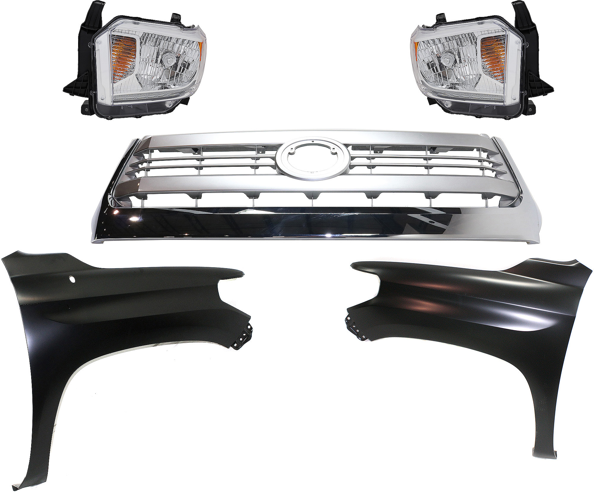 AM TUNDRA 14-15 GRILLE Painted Silver Shell with Gray Insert 5 pc Kit with Fenders and Headlights SKU KIT 031323-421 Partslink TO1200376 TO1241249 TO1240249 TO2502220 TO2503220 OEM 531000C330-538110C060-538120C0
