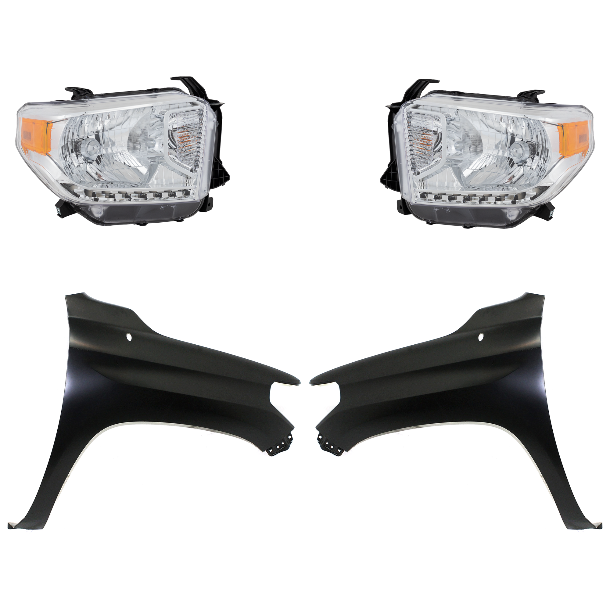 AM TUNDRA 14-15 HEAD LAMP RH AND LH Assembly Halogen 4 pc Kit with Fenders SKU KIT 031323-42203 Partslink TO2503219 TO2502219 TO1240249 TO1241249 OEM 811100C091-811500C091-538120C0
