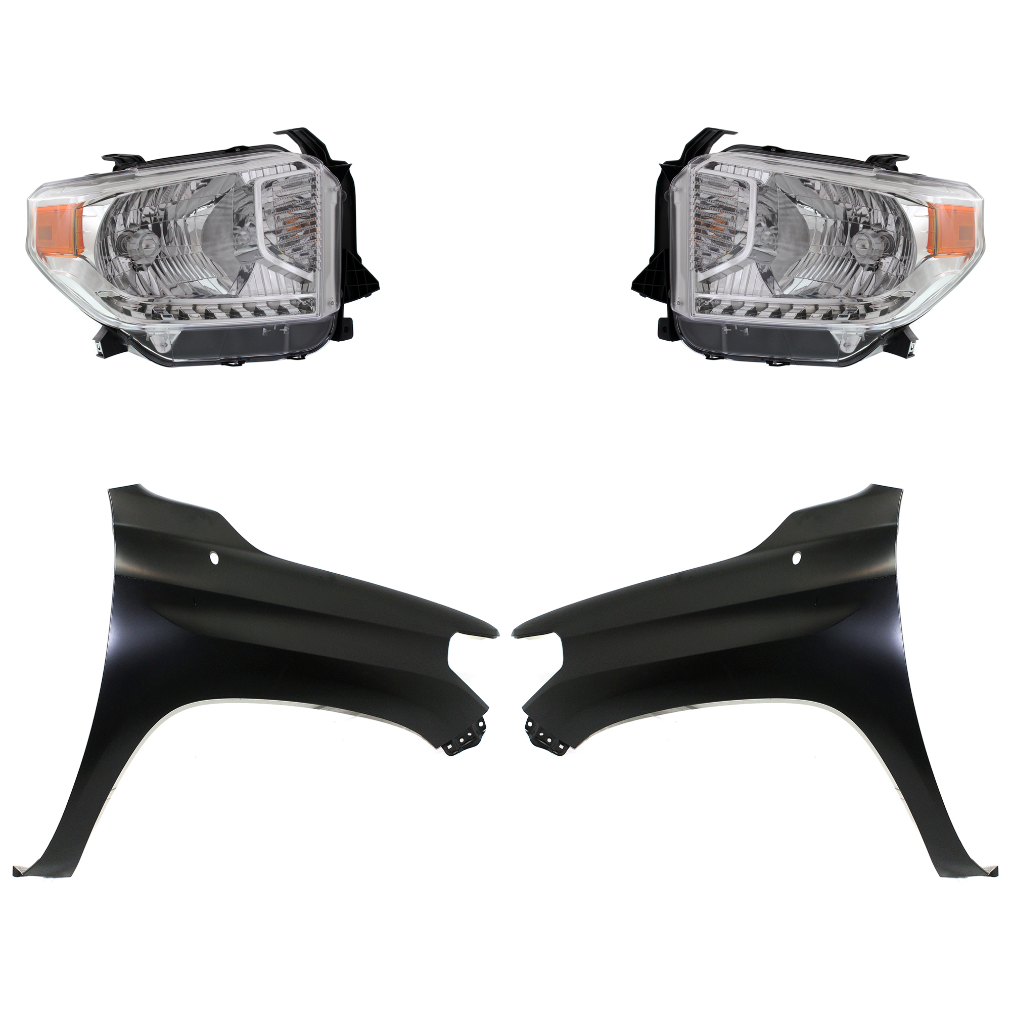 AM TUNDRA 14-15 HEAD LAMP RH AND LH Assembly Halogen 4 pc Kit with Fenders SKU KIT 031323-42303 Partslink TO2503218 TO2502218 TO1240249 TO1241249 OEM 811100C081-811500C081-538120C0
