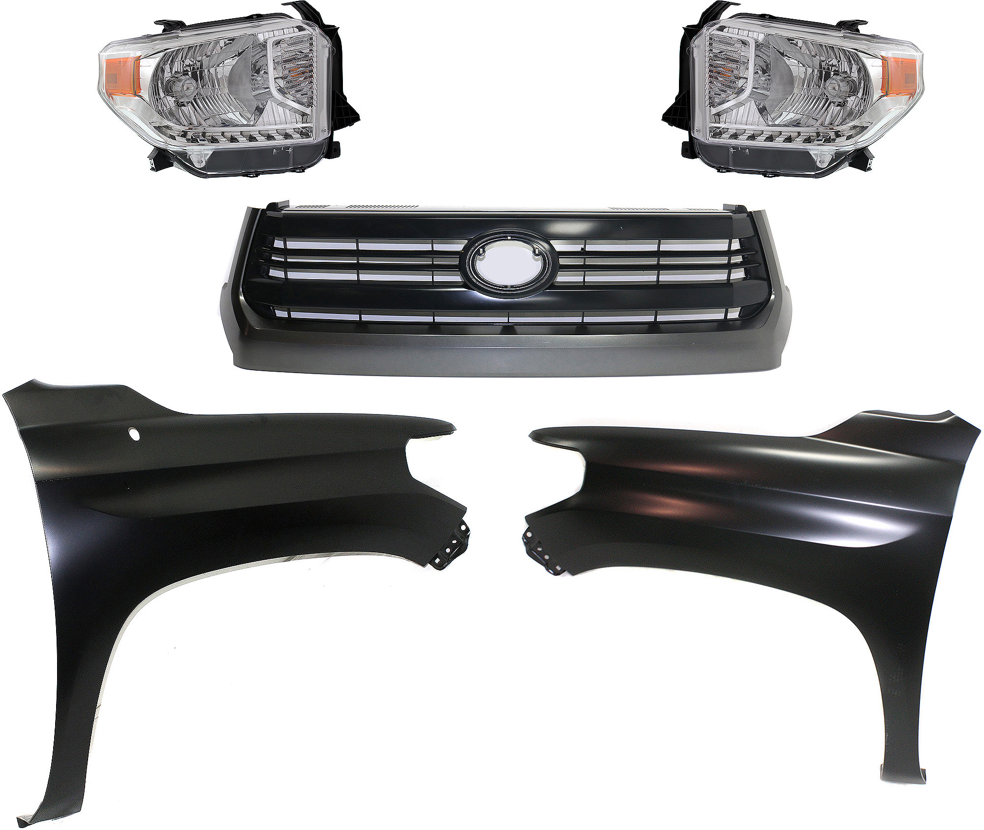 AM TUNDRA 14-15 GRILLE Painted Black Shell and Insert 5 pc Kit with Fenders and Headlights SKU KIT 031323-424 Partslink TO1200372 TO1241249 TO1240249 TO2503218 TO2502218 OEM 531000C290-538110C060-538120C0