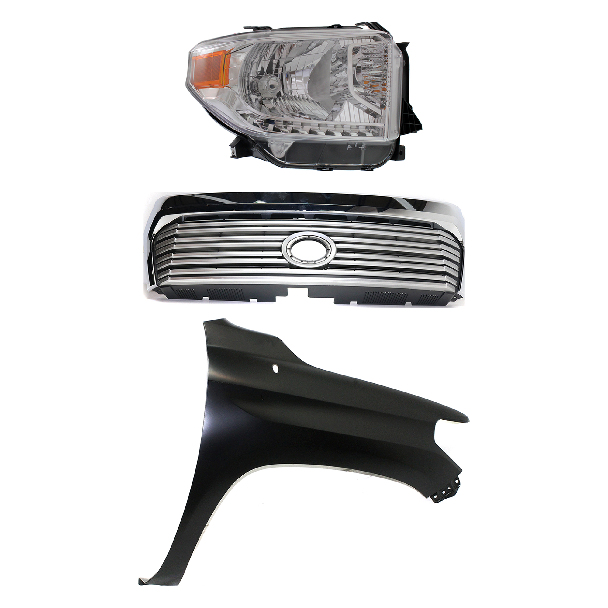 AM TUNDRA 14-15 GRILLE Painted Silver Shell with Gray Insert 3 pc Kit with Fender and Headlight SKU KIT 031323-42501 Partslink TO1200374 TO1241249 TO2503218 OEM 531000C310-538110C060-811100C0