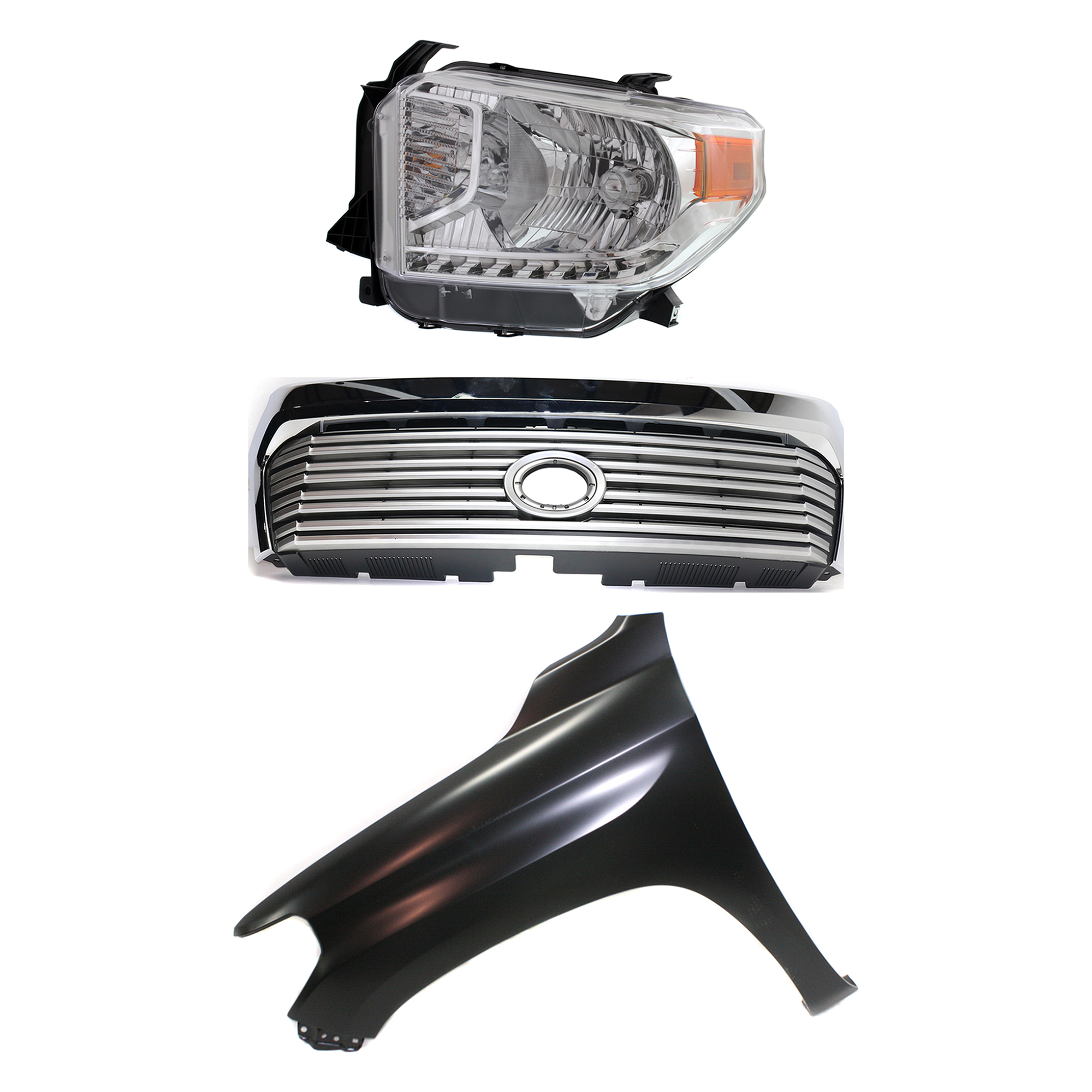 AM TUNDRA 14-15 GRILLE Painted Silver Shell with Gray Insert 3 pc Kit with Fender and Headlight SKU KIT 031323-42502 Partslink TO1200374 TO1240249 TO2502218 OEM 531000C310-538120C050-811500C0