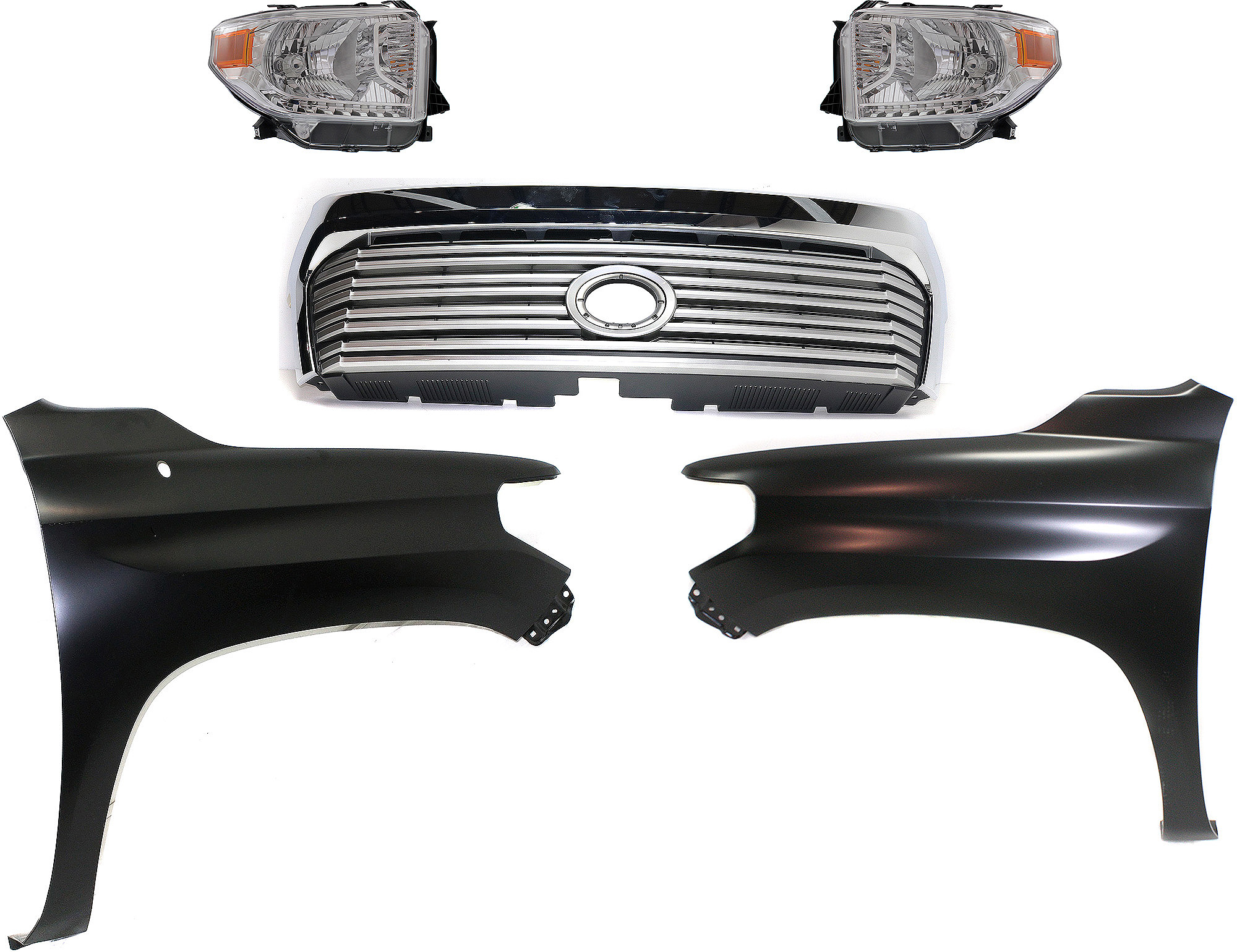 AM TUNDRA 14-15 GRILLE Painted Silver Shell with Gray Insert 5 pc Kit with Fenders and Headlights SKU KIT 031323-425 Partslink TO1200374 TO1241249 TO1240249 TO2503218 TO2502218 OEM 531000C310-538110C060-538120C0