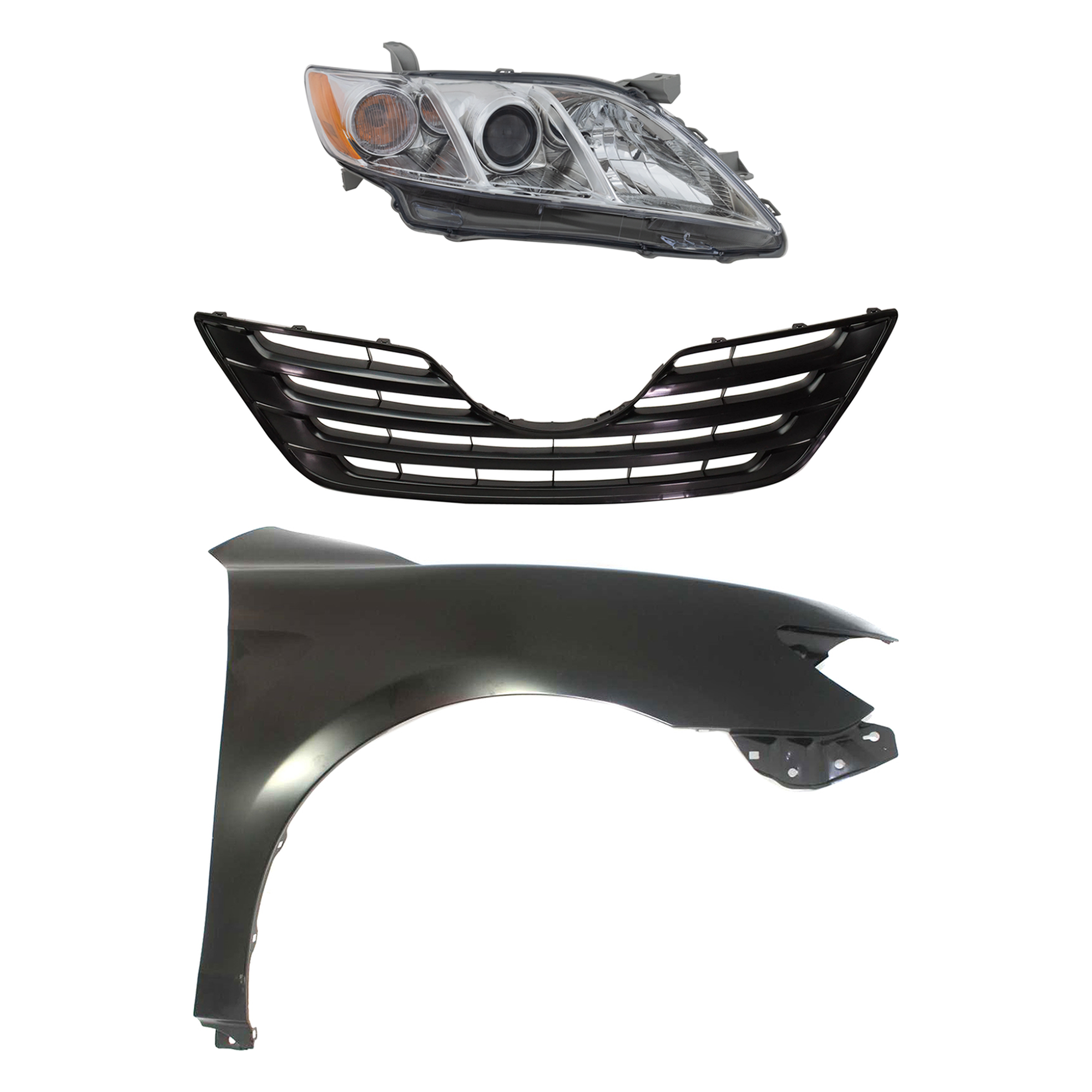 AM CAMRY 07-09 HEAD LAMP RH 3 pc Kit Assembly Halogen USA Built with Fender and Grille SKU KIT 031323-42701 Partslink TO2503197 TO1241211 TO1200288 OEM 8111006B90-5380106110-53111060