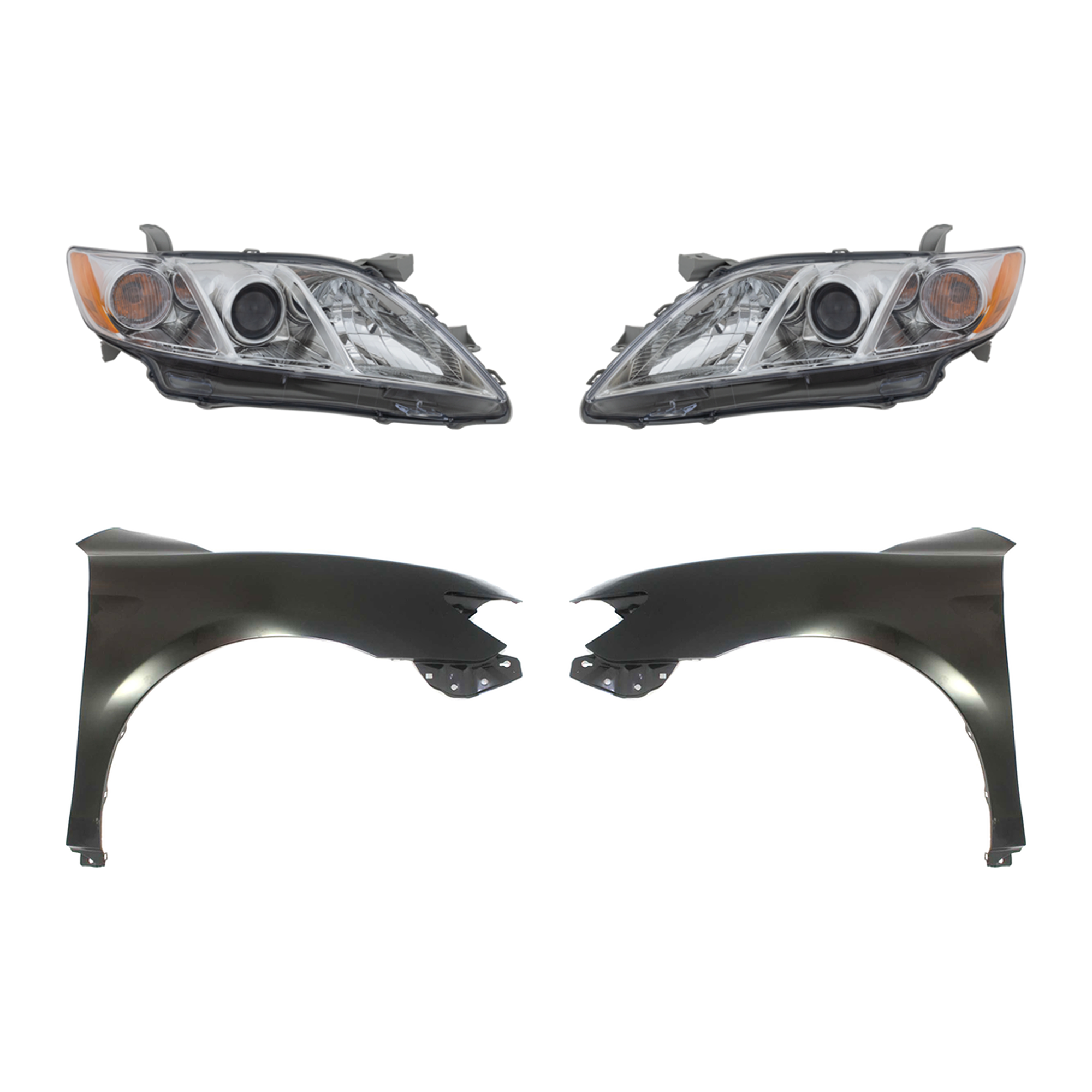 AM CAMRY 07-09 HEAD LAMP RH AND LH Assembly Halogen 4 pc Kit with Fenders SKU KIT 031323-42703 Partslink TO2503197 TO2502197 TO1240211 TO1241211 OEM 8111006B90-8115006B90-53802061