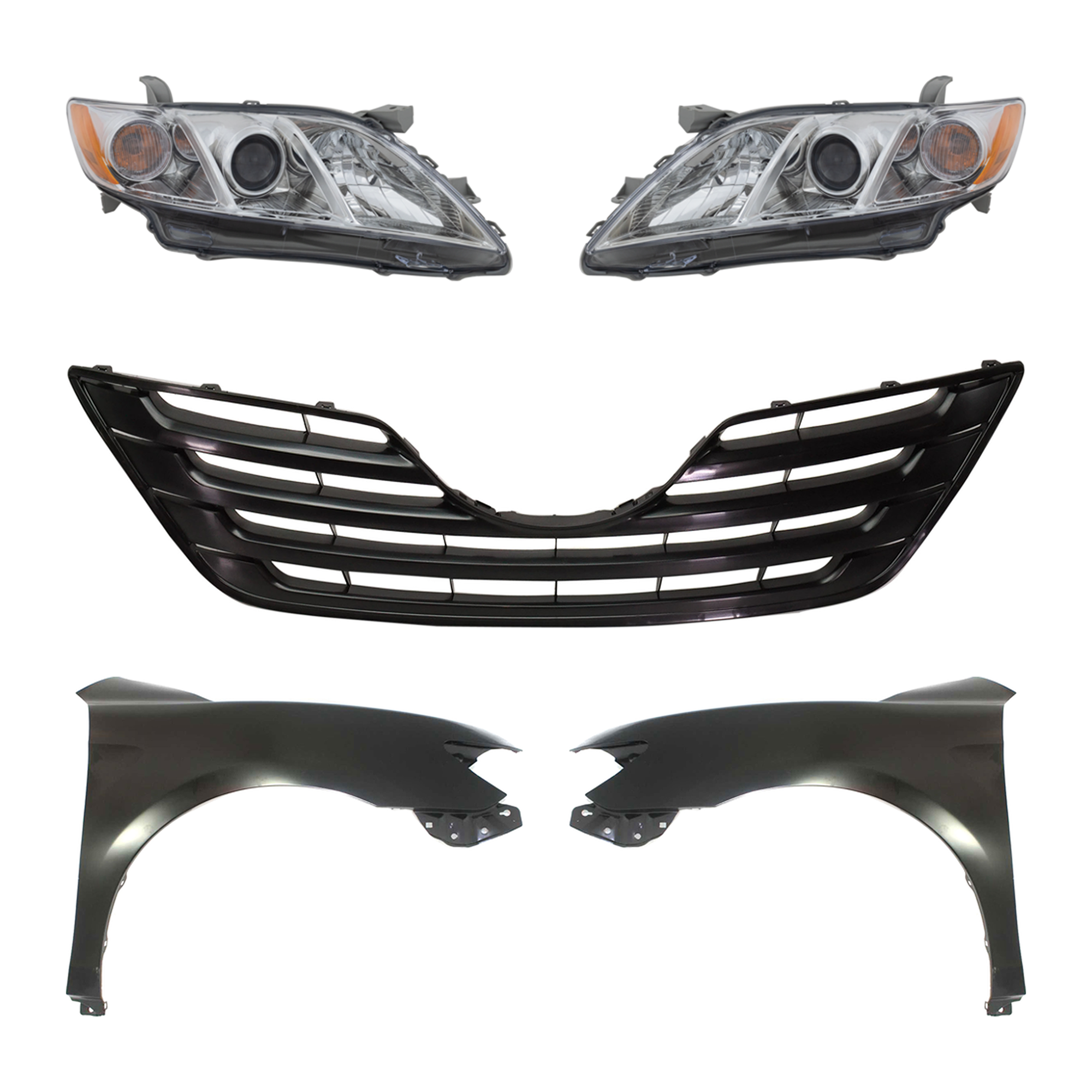 AM CAMRY 07-09 HEAD LAMP RH AND LH Assembly Halogen 5 pc Kit USA Built with Fenders and Grille SKU KIT 031323-427 Partslink TO2502197 TO2503197 TO1240211 TO1241211 TO1200288 OEM 8111006B90-8115006B90-53802061