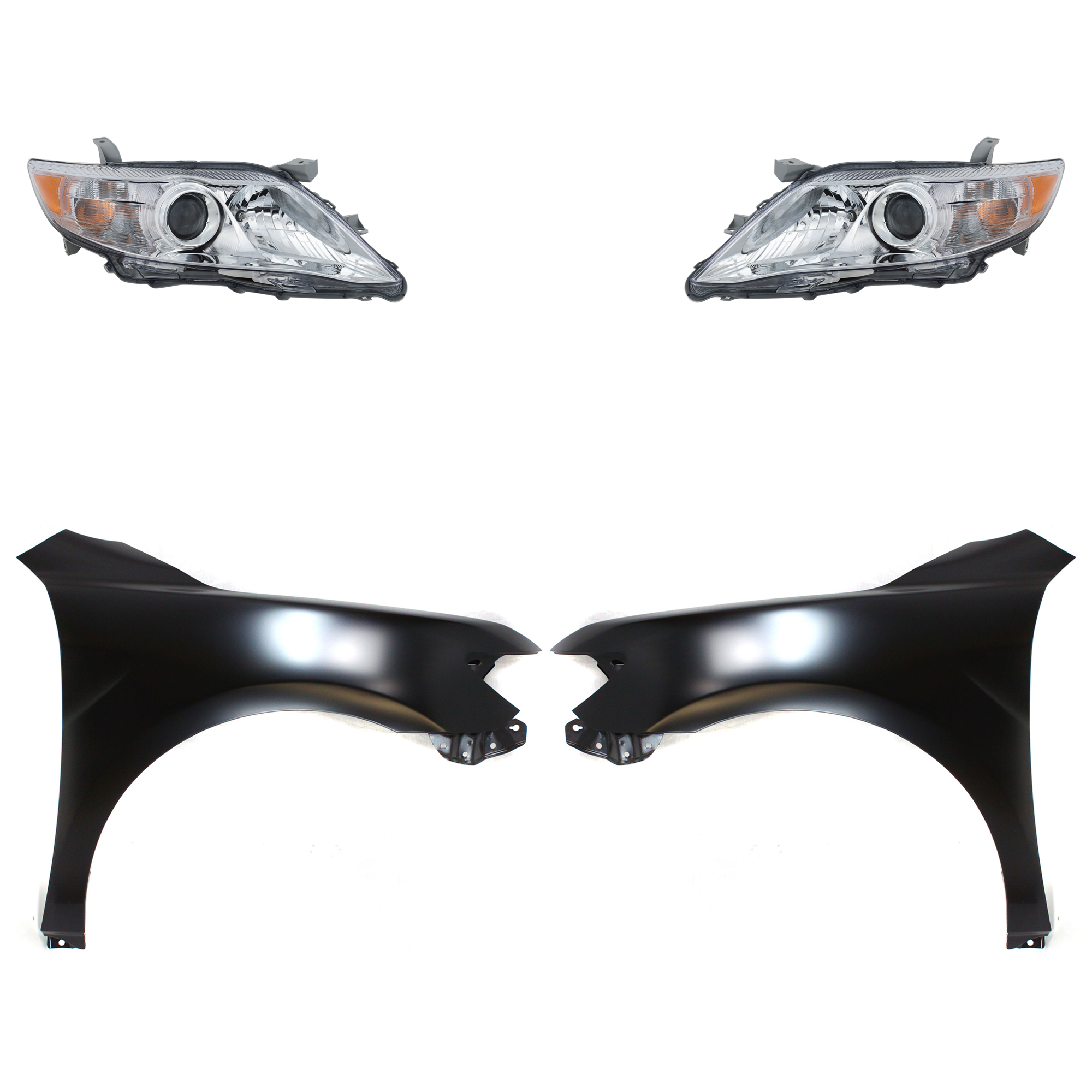 AM CAMRY 10-11 HEAD LAMP RH AND LH Assembly Halogen 4 pc Kit with Fenders CAPA SKU KIT 031323-4303 Partslink TO1240211C TO1241211C TO2502191C TO2503191C OEM 5380106110-5380206120-81110065