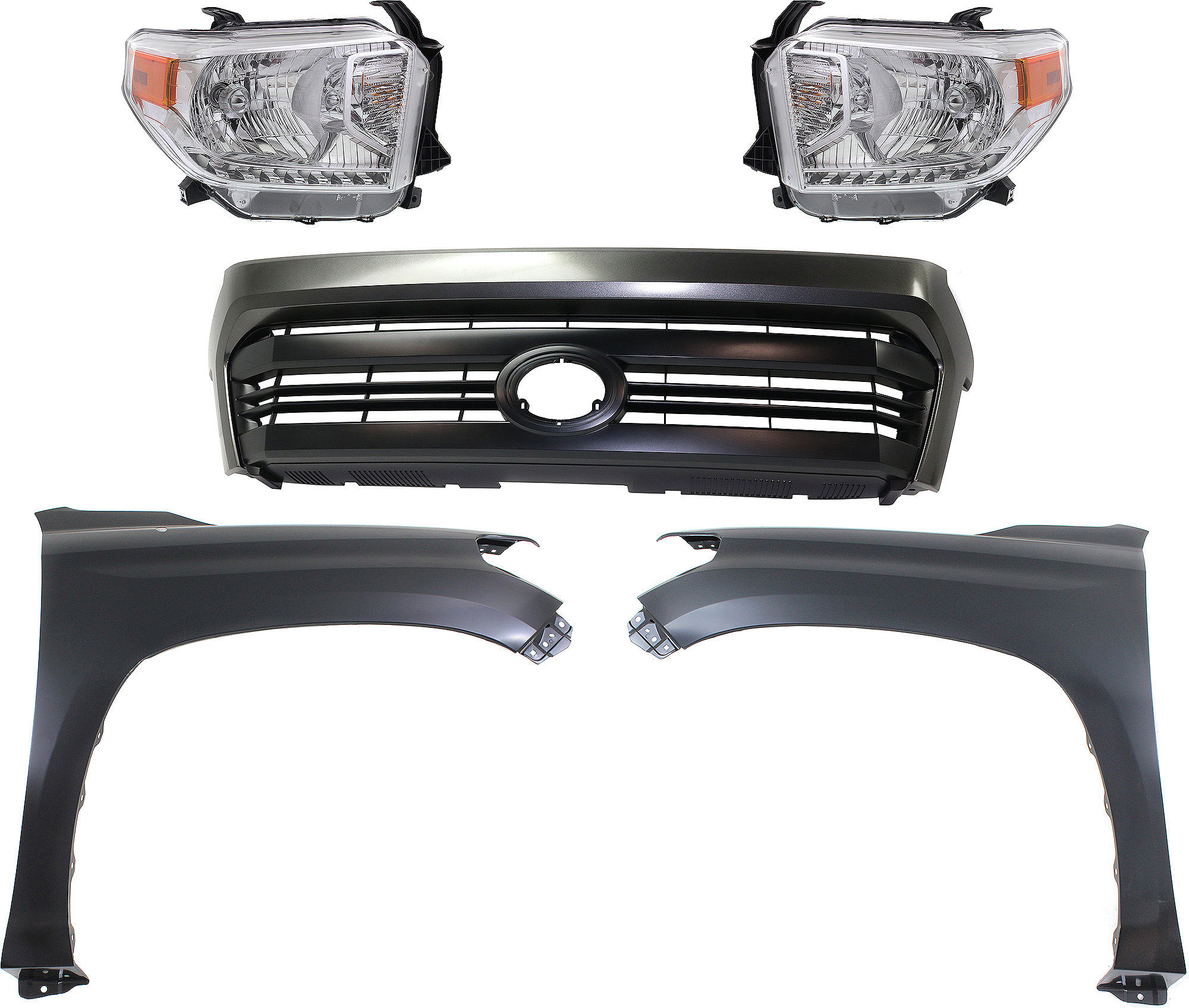 AM TUNDRA 14-15 GRILLE Painted Black Shell and Insert 5 pc Kit with Fenders and Headlights CAPA SKU KIT 031323-430 Partslink TO1200372C TO1240249C TO1241249C TO2502218C TO2503218C OEM 531000C290-538110C060-538120C0