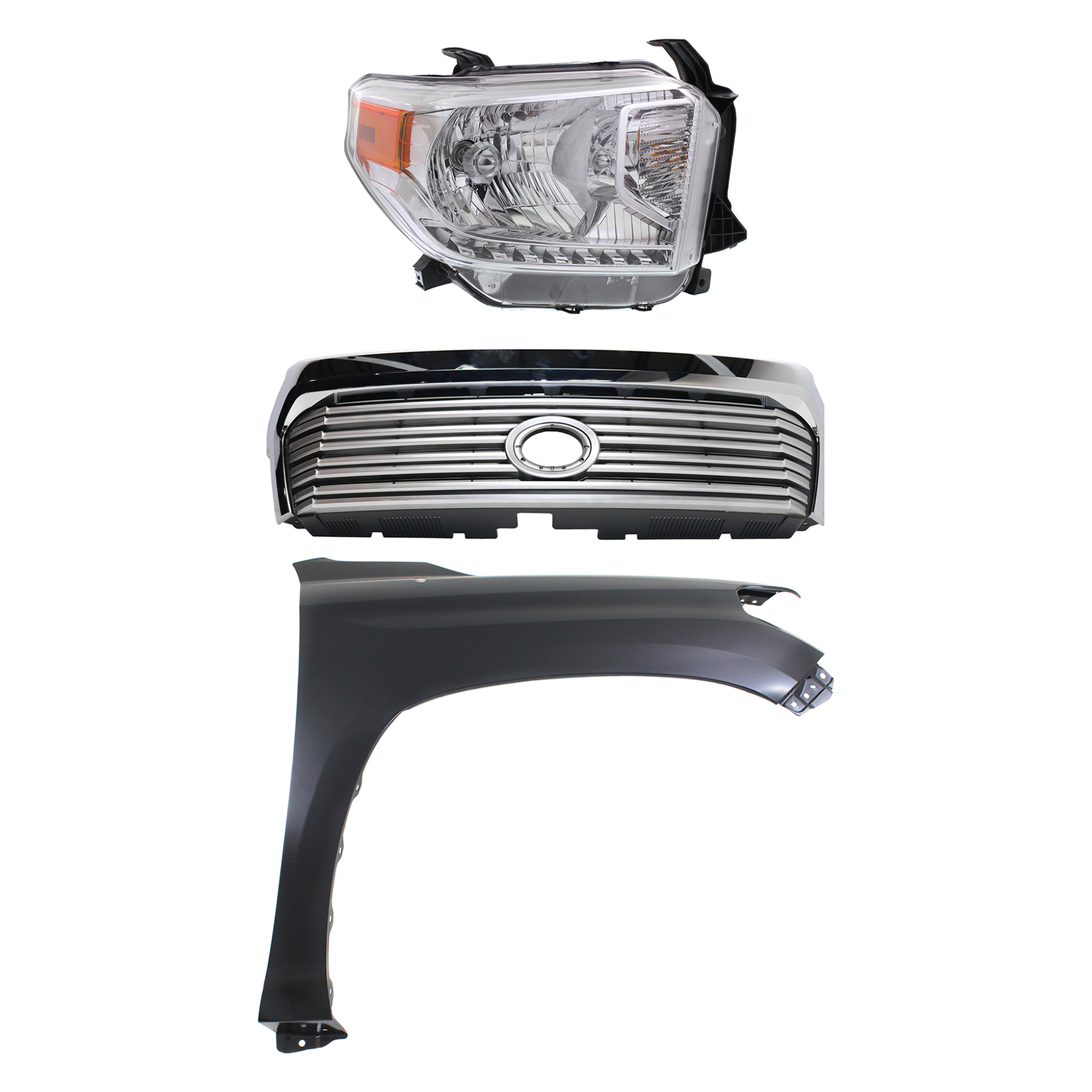AM TUNDRA 14-15 GRILLE Painted Silver Shell with Gray Insert 3 pc Kit with Fender and Headlight CAPA SKU KIT 031323-43101 Partslink TO1200374C TO1241249C TO2503218C OEM 531000C310-538110C060-811100C0