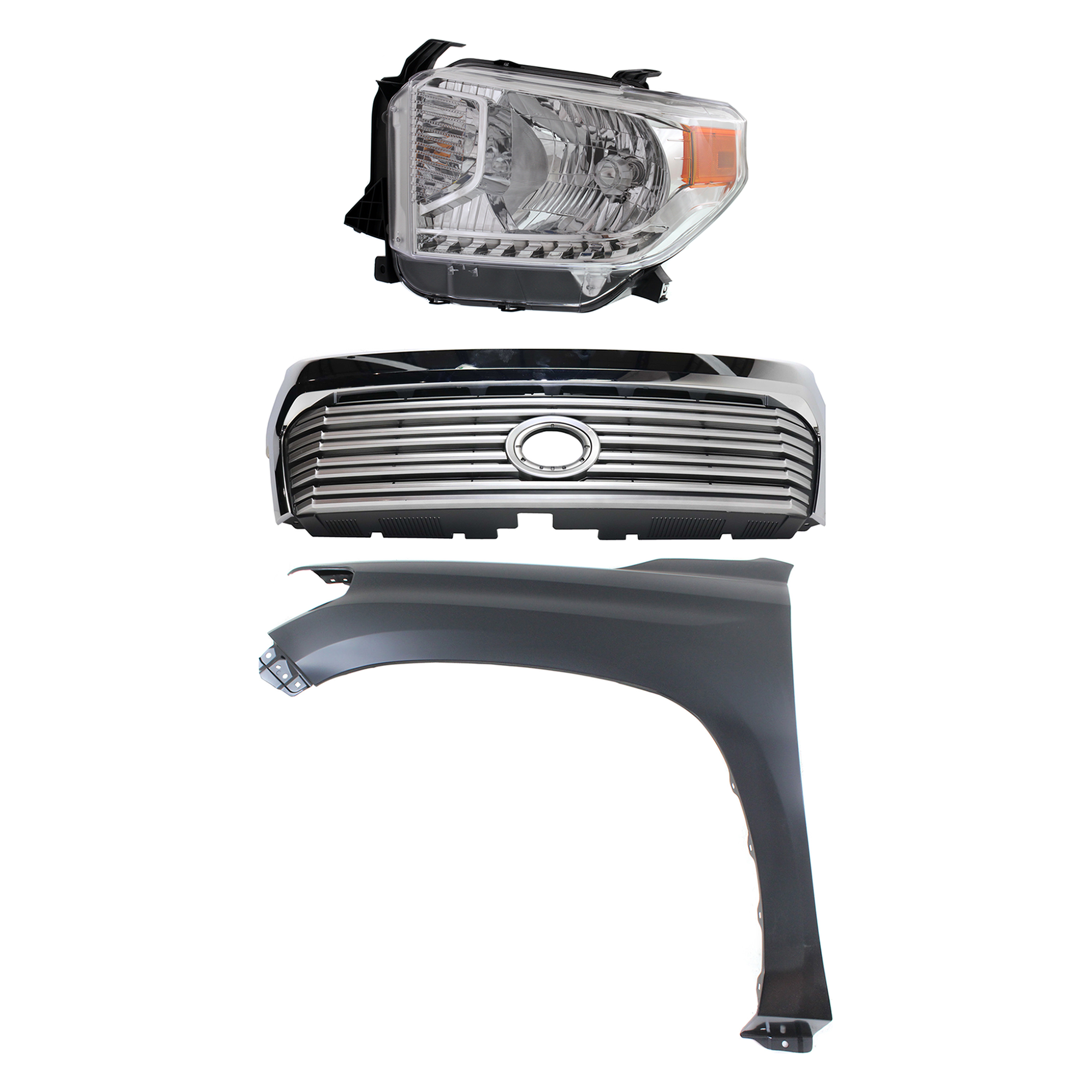 AM TUNDRA 14-15 GRILLE Painted Silver Shell with Gray Insert 3 pc Kit with Fender and Headlight CAPA SKU KIT 031323-43102 Partslink TO1200374C TO1240249C TO2502218C OEM 531000C310-538120C050-811500C0