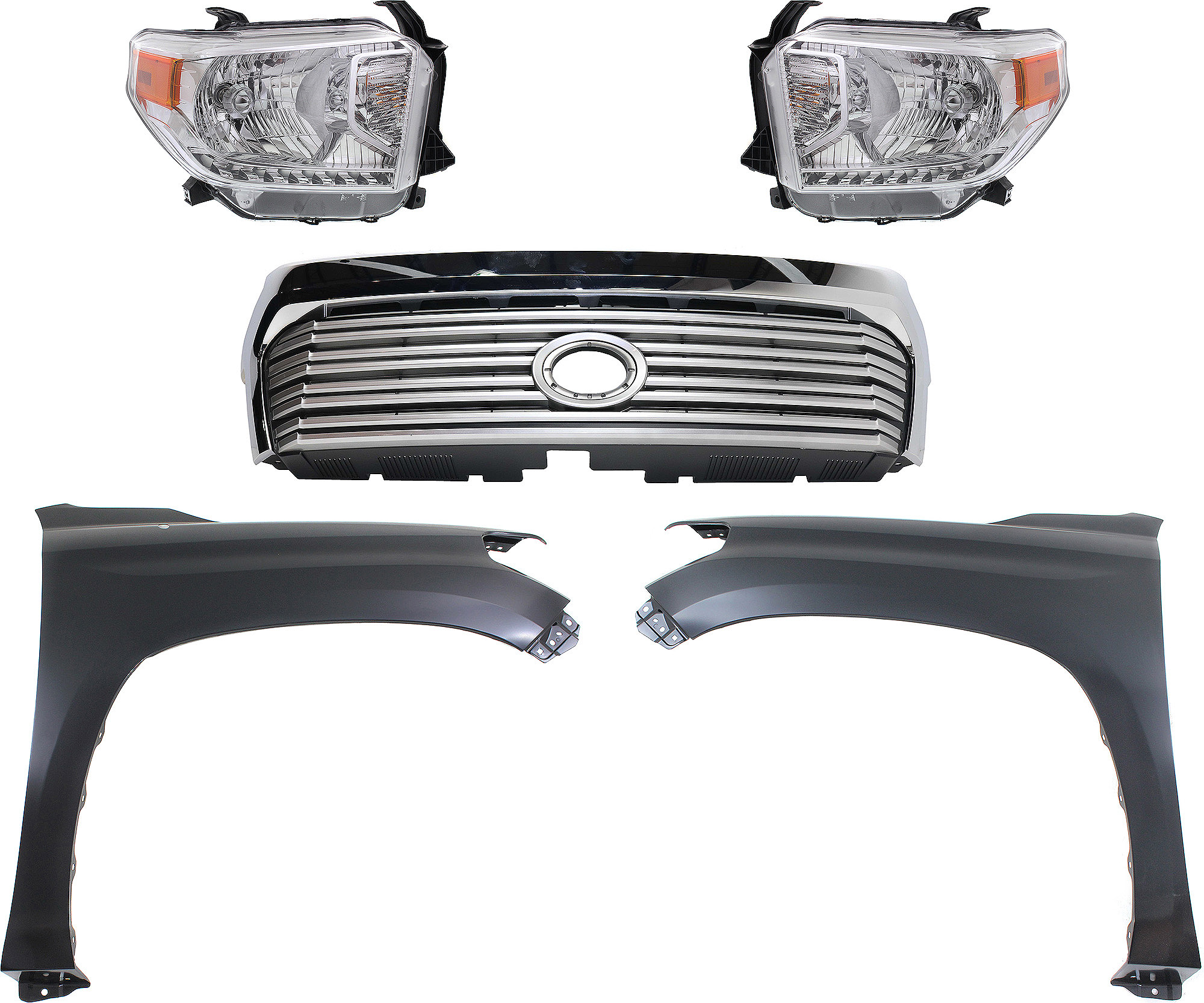 AM TUNDRA 14-15 GRILLE Painted Silver Shell with Gray Insert 5 pc Kit with Fenders and Headlights CAPA SKU KIT 031323-431 Partslink TO1200374C TO1240249C TO1241249C TO2502218C TO2503218C OEM 531000C310-538110C060-538120C0