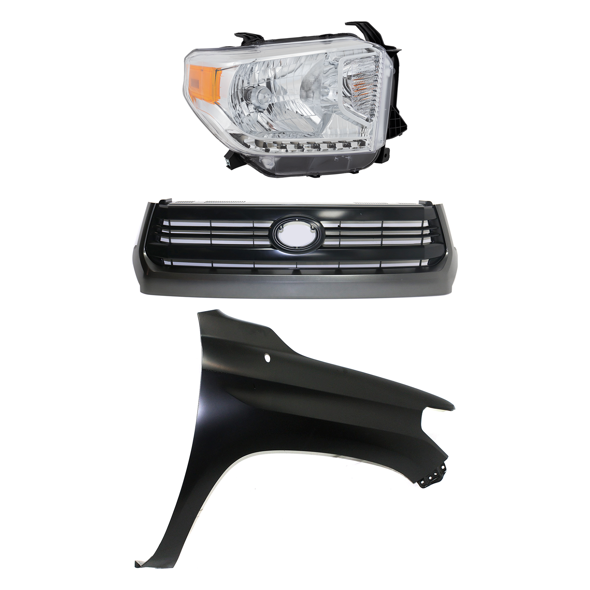 AM TUNDRA 14-17 GRILLE Painted Black Shell and Insert 3 pc Kit with Fender and Headlight SKU KIT 031323-43501 Partslink TO1200372 TO1241249 TO2503219 OEM 531000C290-538110C060-811100C0