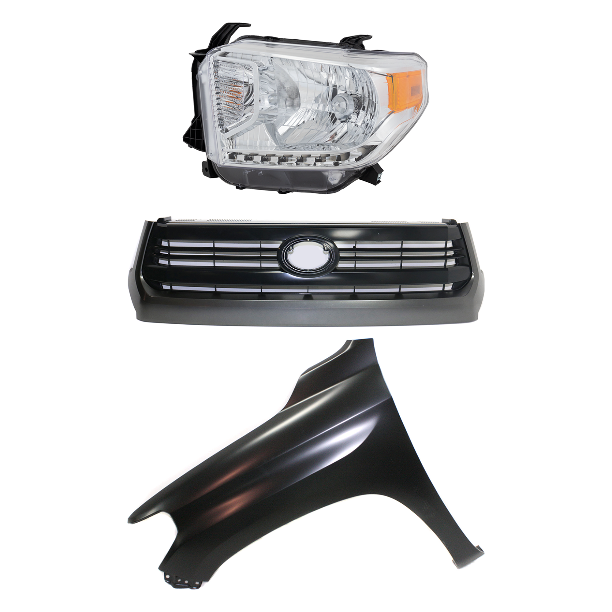 AM TUNDRA 14-17 GRILLE Painted Black Shell and Insert 3 pc Kit with Fender and Headlight SKU KIT 031323-43502 Partslink TO1200372 TO1240249 TO2502219 OEM 531000C290-538120C050-811500C0