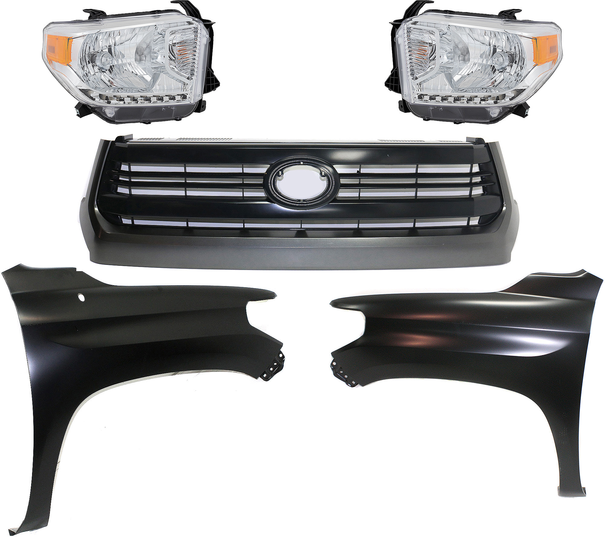 AM TUNDRA 14-17 GRILLE Painted Black Shell and Insert 5 pc Kit with Fenders and Headlights SKU KIT 031323-435 Partslink TO1200372 TO1241249 TO1240249 TO2502219 TO2503219 OEM 531000C290-538110C060-538120C0