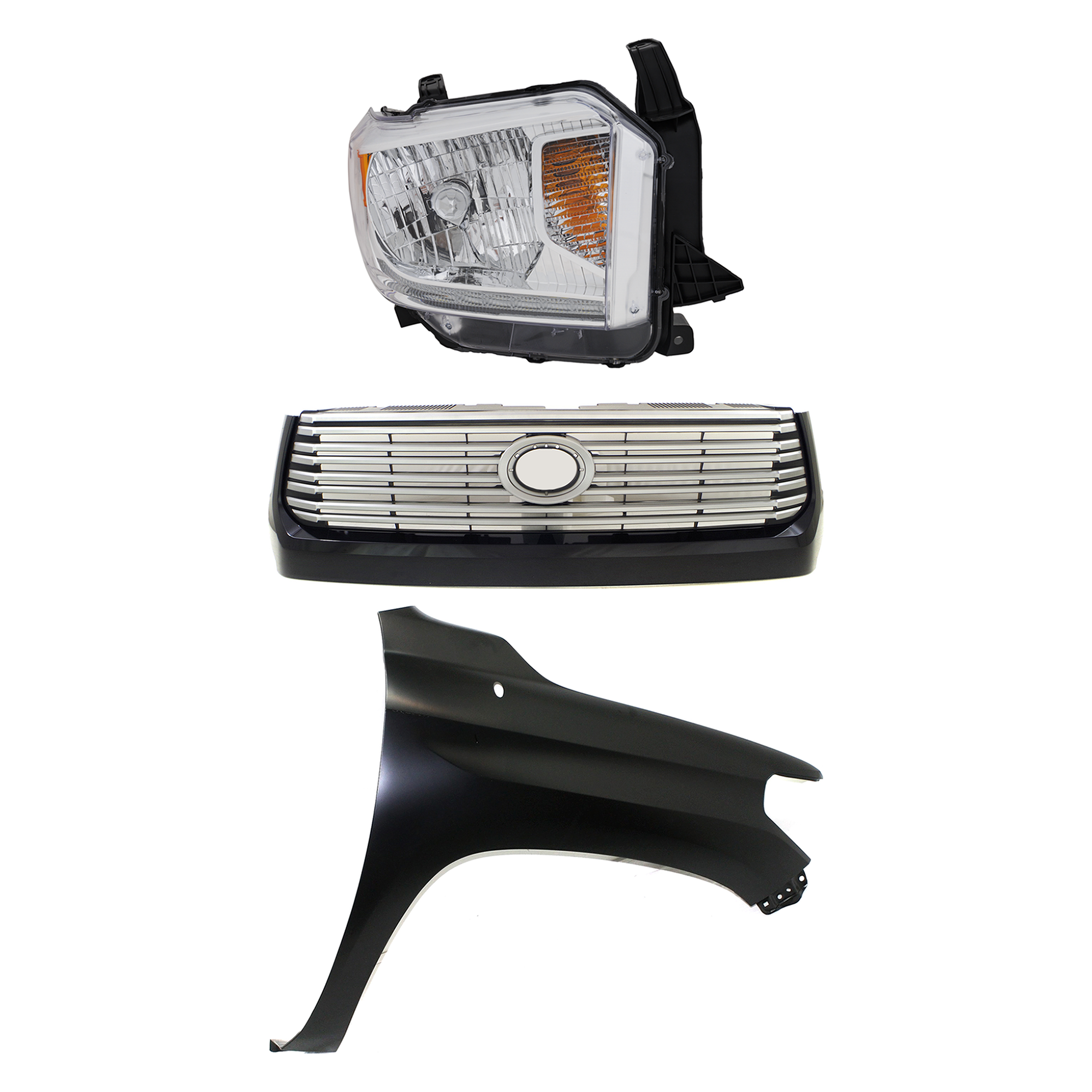 AM TUNDRA 14-17 GRILLE Painted Silver Shell with Gray Insert 3 pc Kit with Fender and Headlight SKU KIT 031323-43701 Partslink TO1200375 TO1241249 TO2503220 OEM 531000C320C0-538110C060-811100