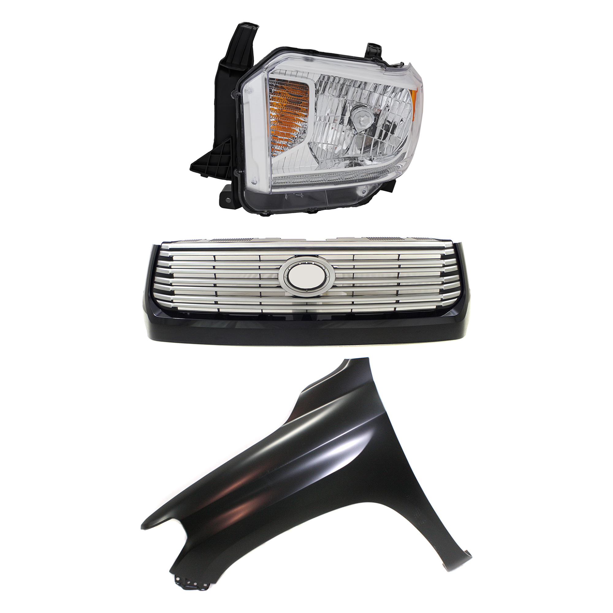 AM TUNDRA 14-17 GRILLE Painted Silver Shell with Gray Insert 3 pc Kit with Fender and Headlight SKU KIT 031323-43702 Partslink TO1200375 TO1240249 TO2502220 OEM 531000C320C0-538120C050-811500