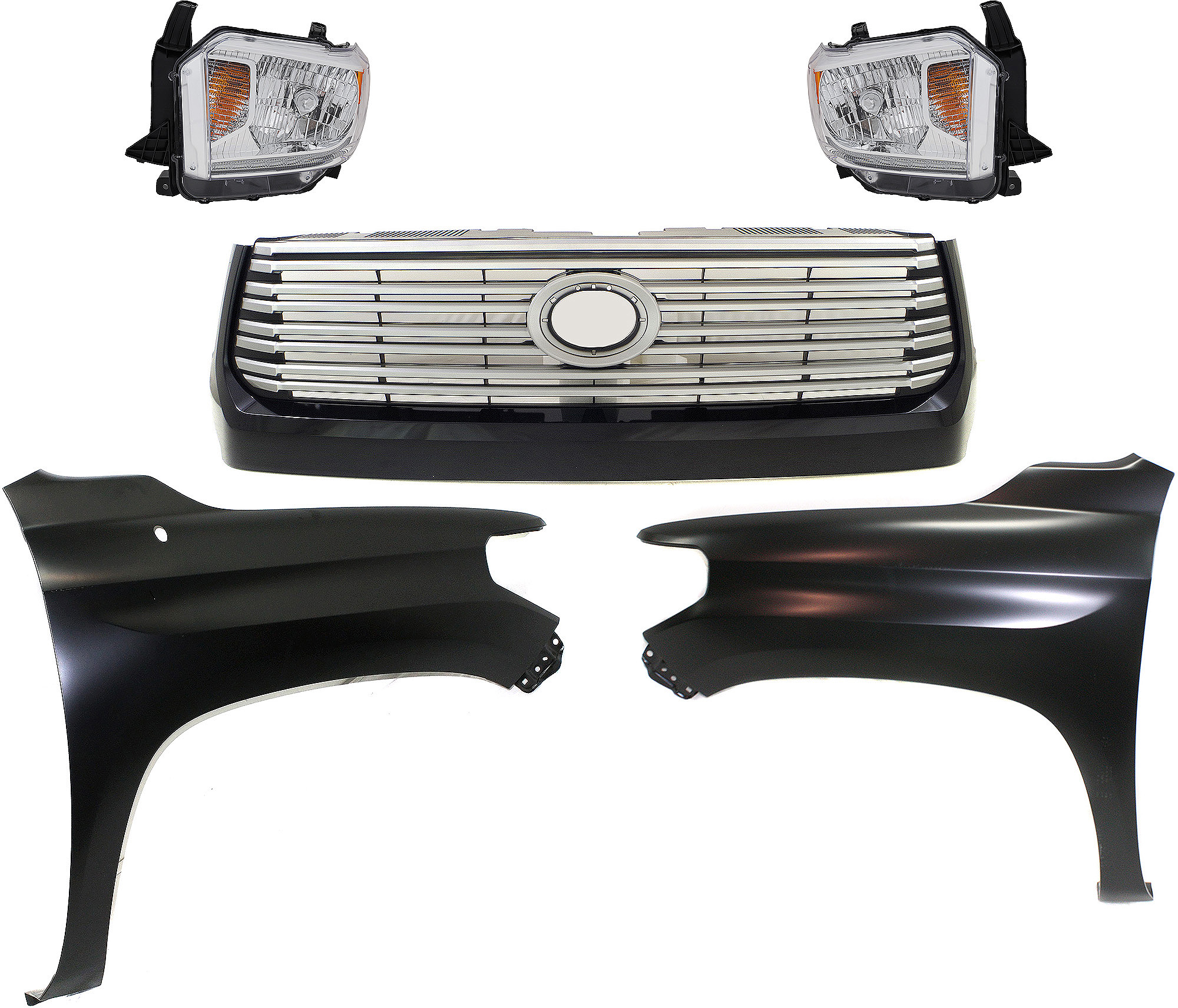 AM TUNDRA 14-17 GRILLE Painted Silver Shell with Gray Insert 5 pc Kit with Fenders and Headlights SKU KIT 031323-437 Partslink TO1200375 TO1241249 TO1240249 TO2502220 TO2503220 OEM 531000C320C0-538110C060-538120