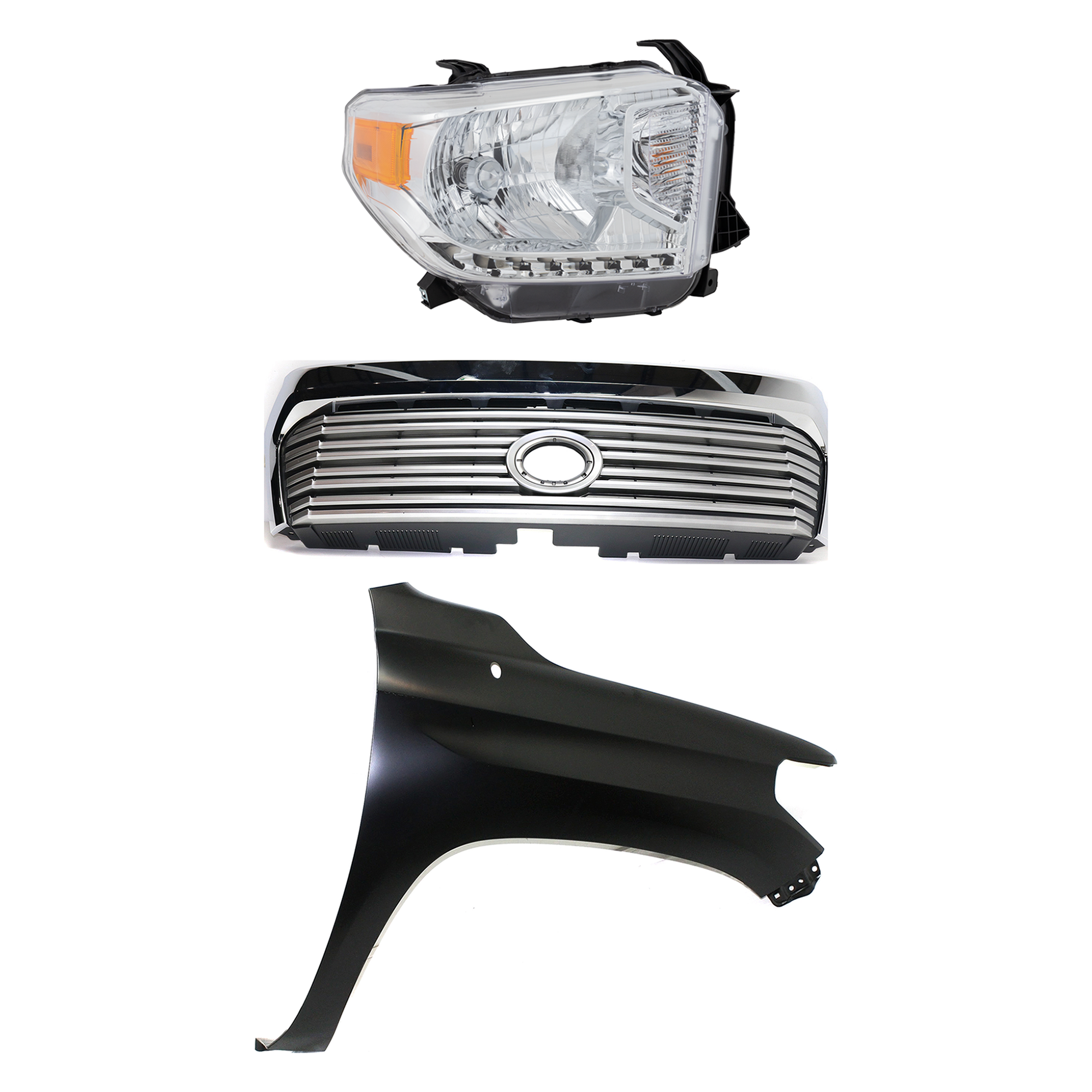 AM TUNDRA 14-17 GRILLE Painted Silver Shell with Gray Insert 3 pc Kit with Fender and Headlight SKU KIT 031323-43801 Partslink TO1200374 TO1241249 TO2503219 OEM 531000C310-538110C060-811100C0