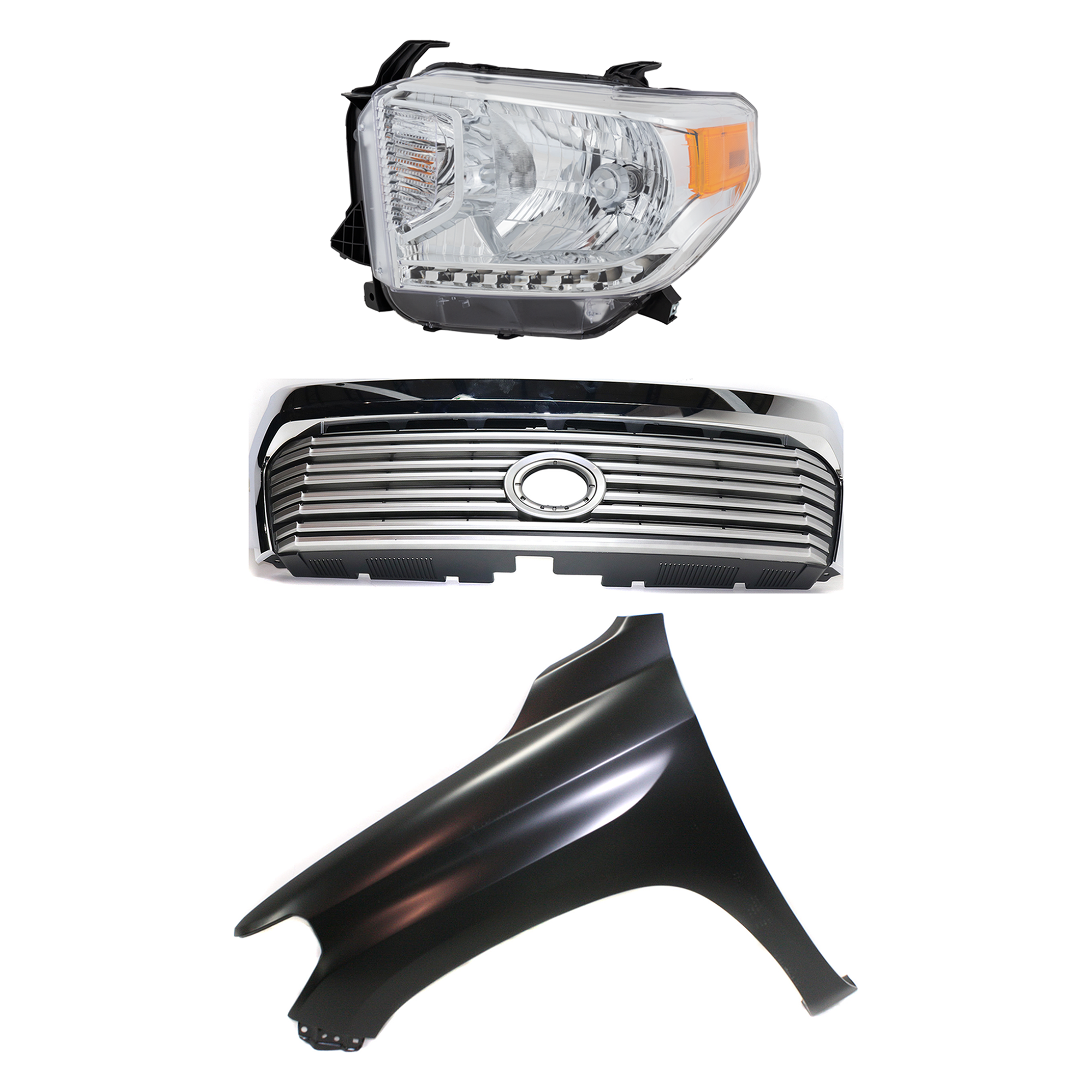 AM TUNDRA 14-17 GRILLE Painted Silver Shell with Gray Insert 3 pc Kit with Fender and Headlight SKU KIT 031323-43802 Partslink TO1200374 TO1240249 TO2502219 OEM 531000C310-538120C050-811500C0