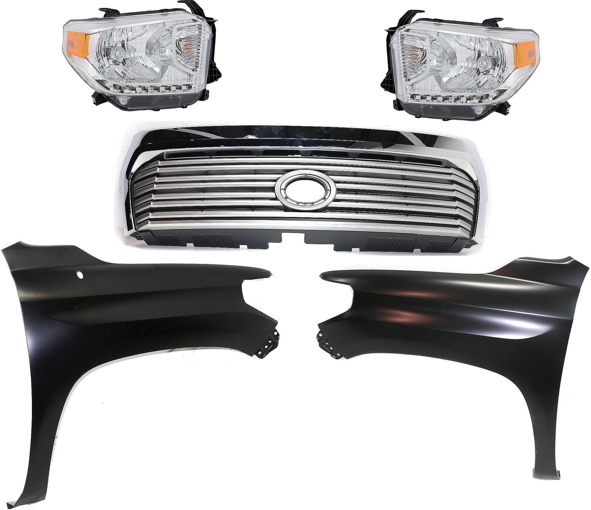 AM TUNDRA 14-17 GRILLE Painted Silver Shell with Gray Insert 5 pc Kit with Fenders and Headlights SKU KIT 031323-438 Partslink TO1200374 TO1241249 TO1240249 TO2502219 TO2503219 OEM 531000C310-538110C060-538120C0