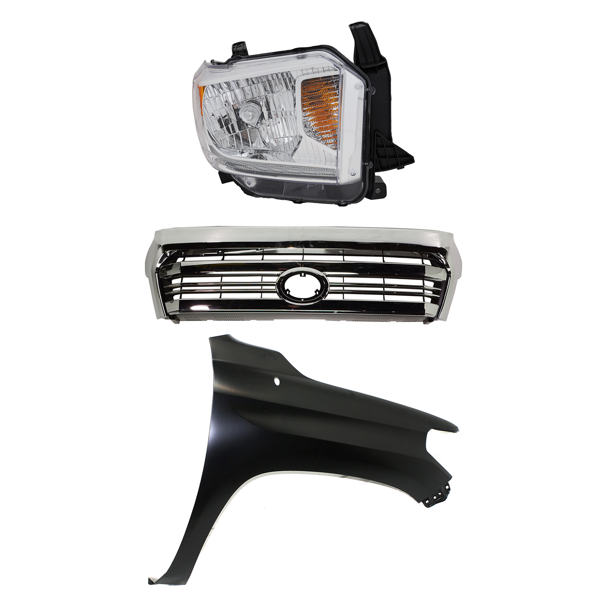 AM TUNDRA 16-17 GRILLE Chrome Shell and Insert 3 pc Kit with Fender and Headlight SKU KIT 031323-44001 Partslink TO1200431 TO1241249 TO2503220 OEM 531000C280-538110C060-811100C1