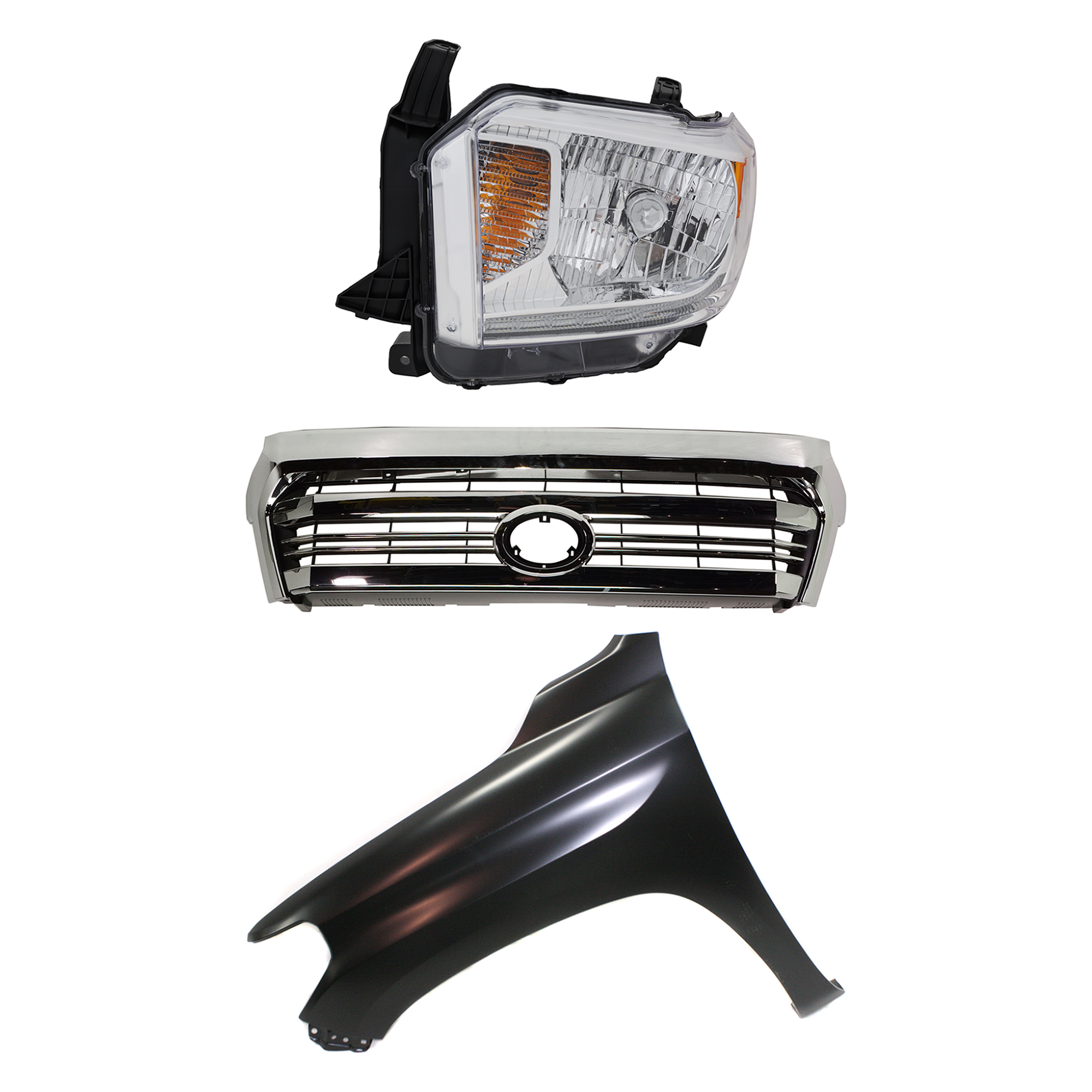 AM TUNDRA 16-17 GRILLE 3 pc Kit w Front Emblem Standard Type with Fender and Headlight SKU KIT 031323-44002 Partslink TO1200431 TO1240249 TO2502220 OEM 531000C280-538120C050-811500C1