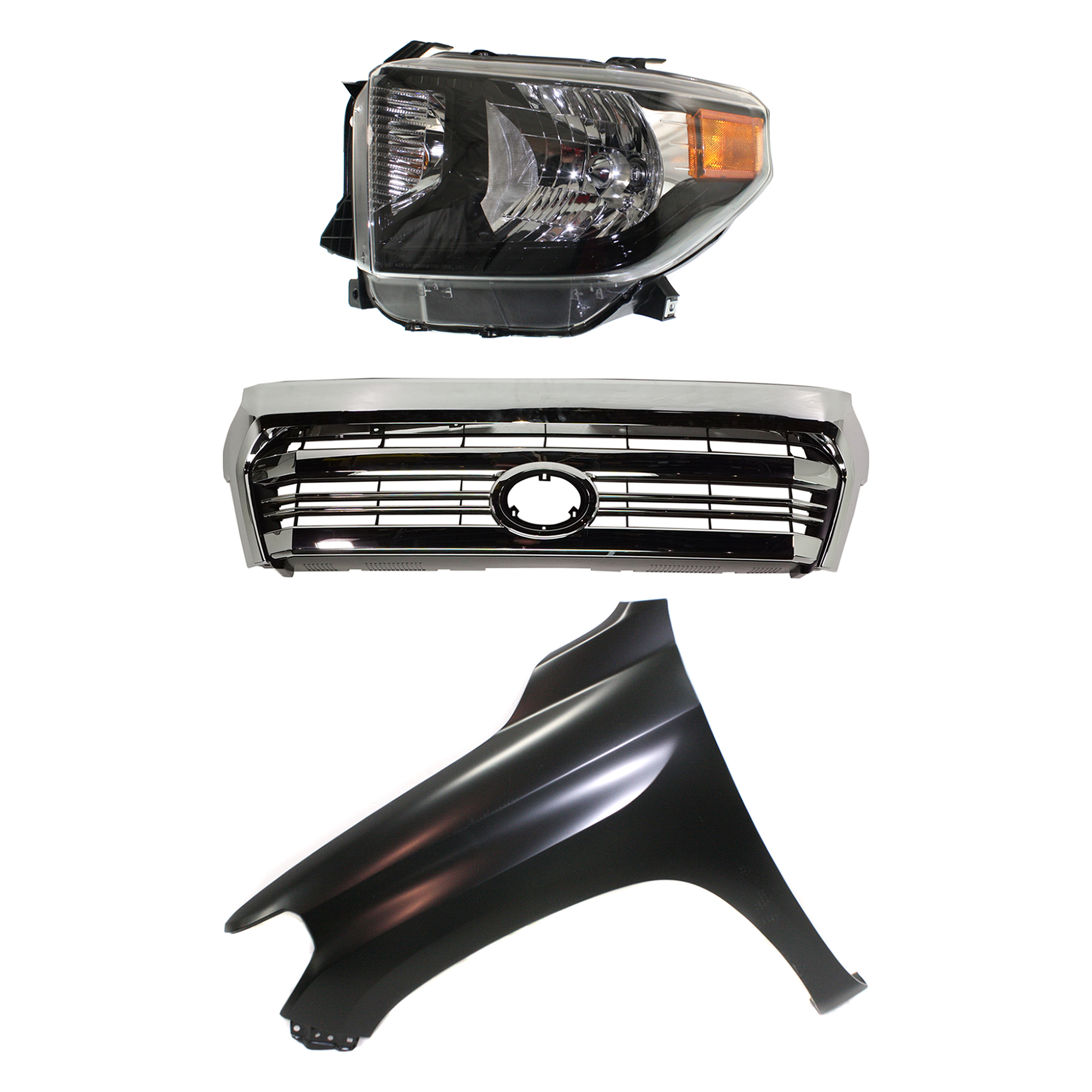 AM TUNDRA 16-17 GRILLE 3 pc Kit w Front Emblem Standard Type with Fender and Headlight SKU KIT 031323-44102 Partslink TO1200431 TO1240249 TO2502235 OEM 531000C280-538120C050-811500C1