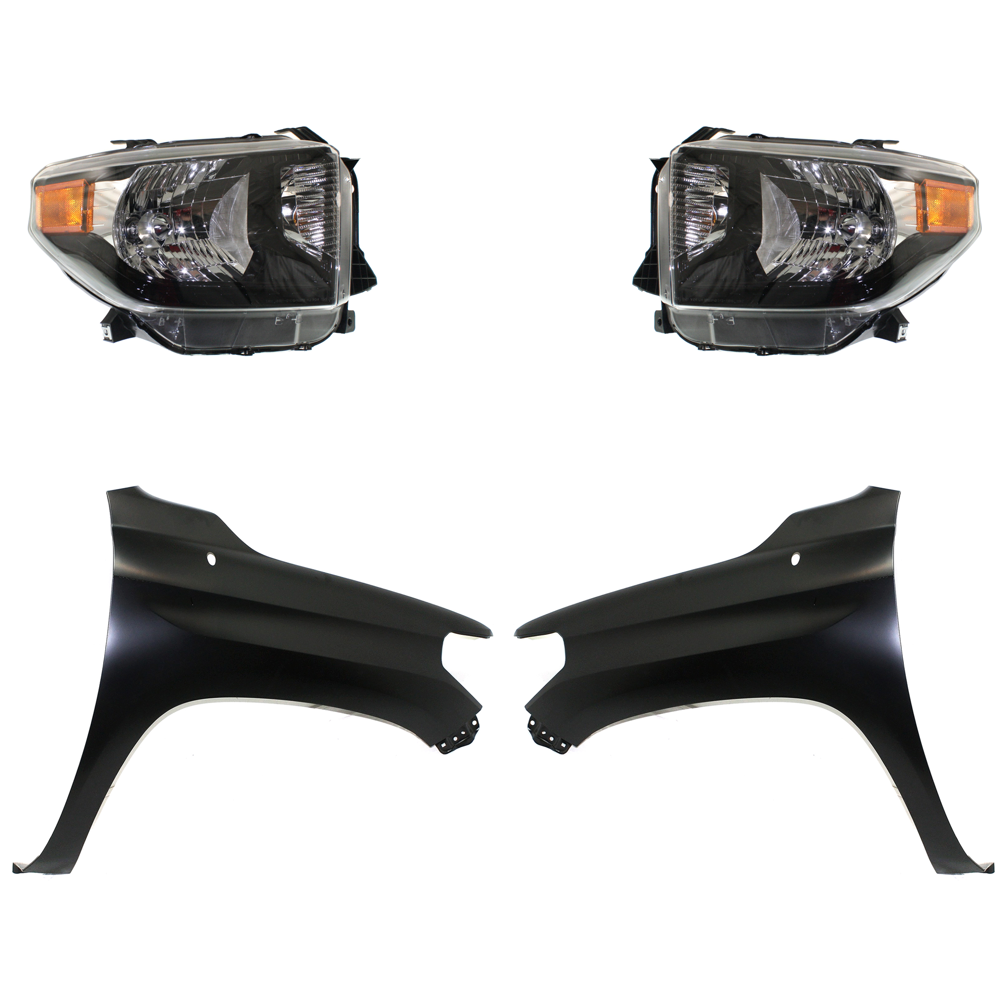AM TUNDRA 16-17 HEAD LAMP RH AND LH Assembly Halogen 4 pc Kit with Fenders SKU KIT 031323-44103 Partslink TO2502235 TO2503235 TO1240249 TO1241249 OEM 811100C111-811500C111-538120C0