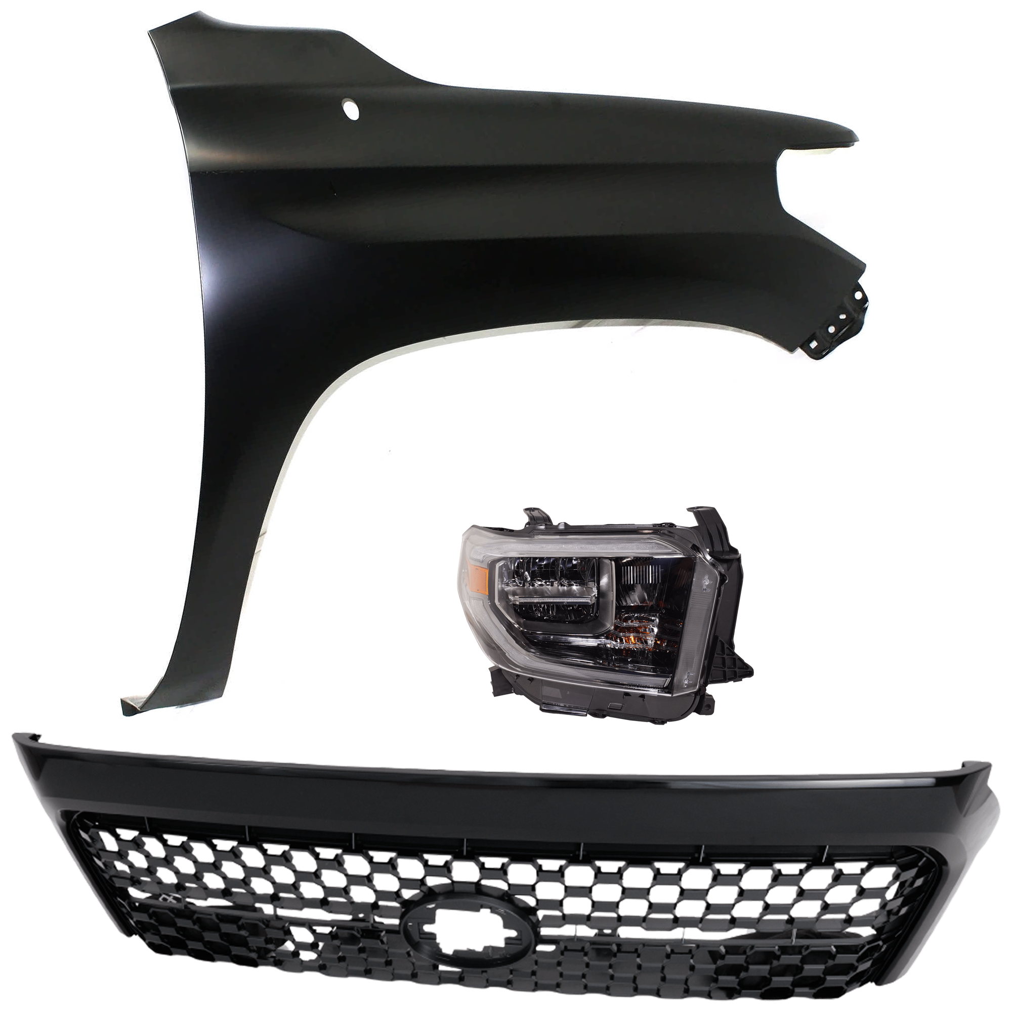 AM TUNDRA 18-18 HEAD LAMP RH Assembly LED 3 pc Kit with Fender and Grille Assembly SKU KIT 031323-44201 Partslink TO2503263 TO1241249 TO1200454 OEM 811100C210-538110C060-531010C0