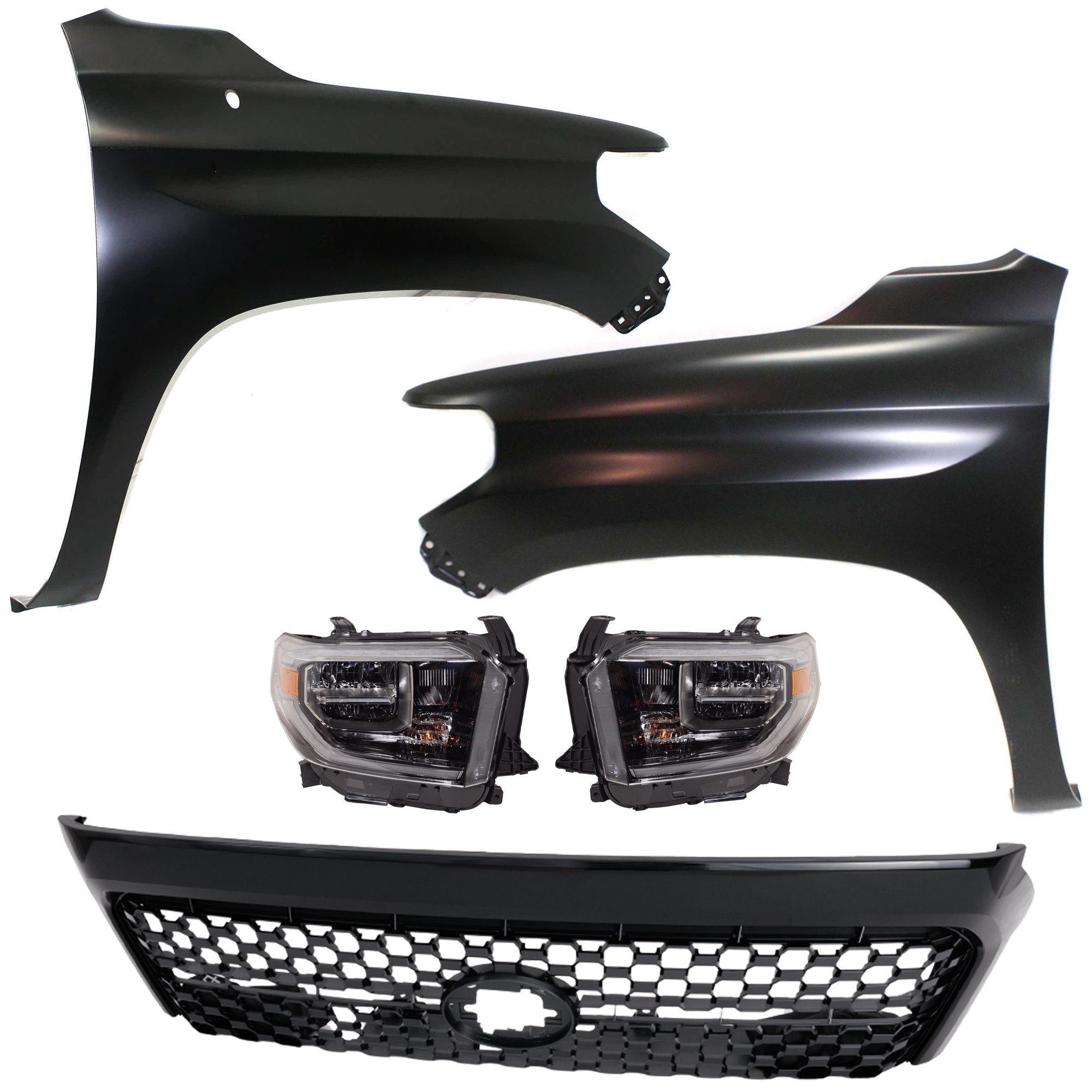 AM TUNDRA 18-18 HEAD LAMP RH AND LH Assembly LED 5 pc Kit with Fenders and Grille Assembly SKU KIT 031323-442 Partslink TO2503263 TO2502263 TO1241249 TO1240249 TO1200454 OEM 811100C210-811500C210-538110C0