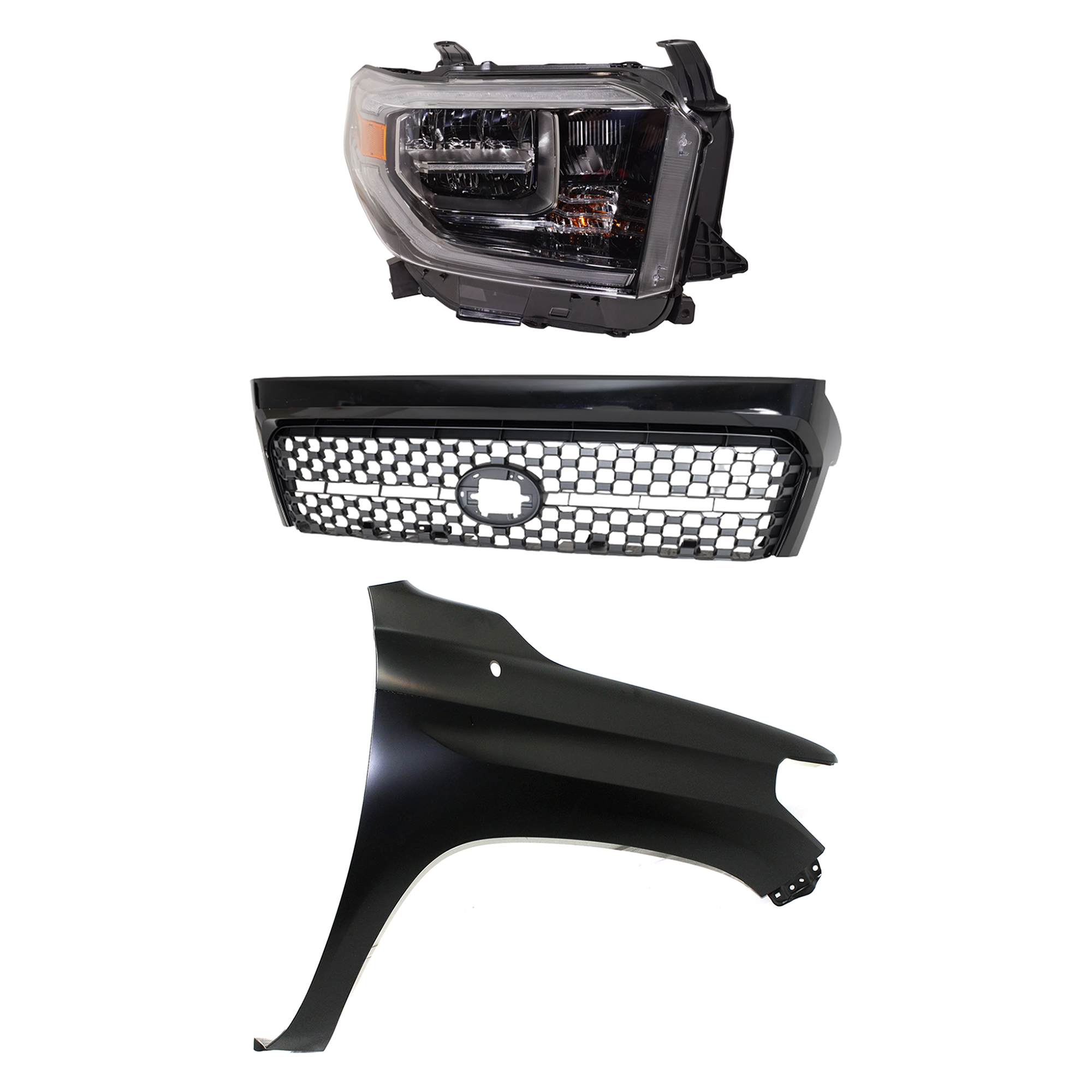 AM TUNDRA 18-18 GRILLE Painted Gray Shell and Insert 3 pc Kit with Fender and Headlight SKU KIT 031323-44401 Partslink TO1200452 TO1241249 TO2503263 OEM 531010C031C0-531010C030C0-5381