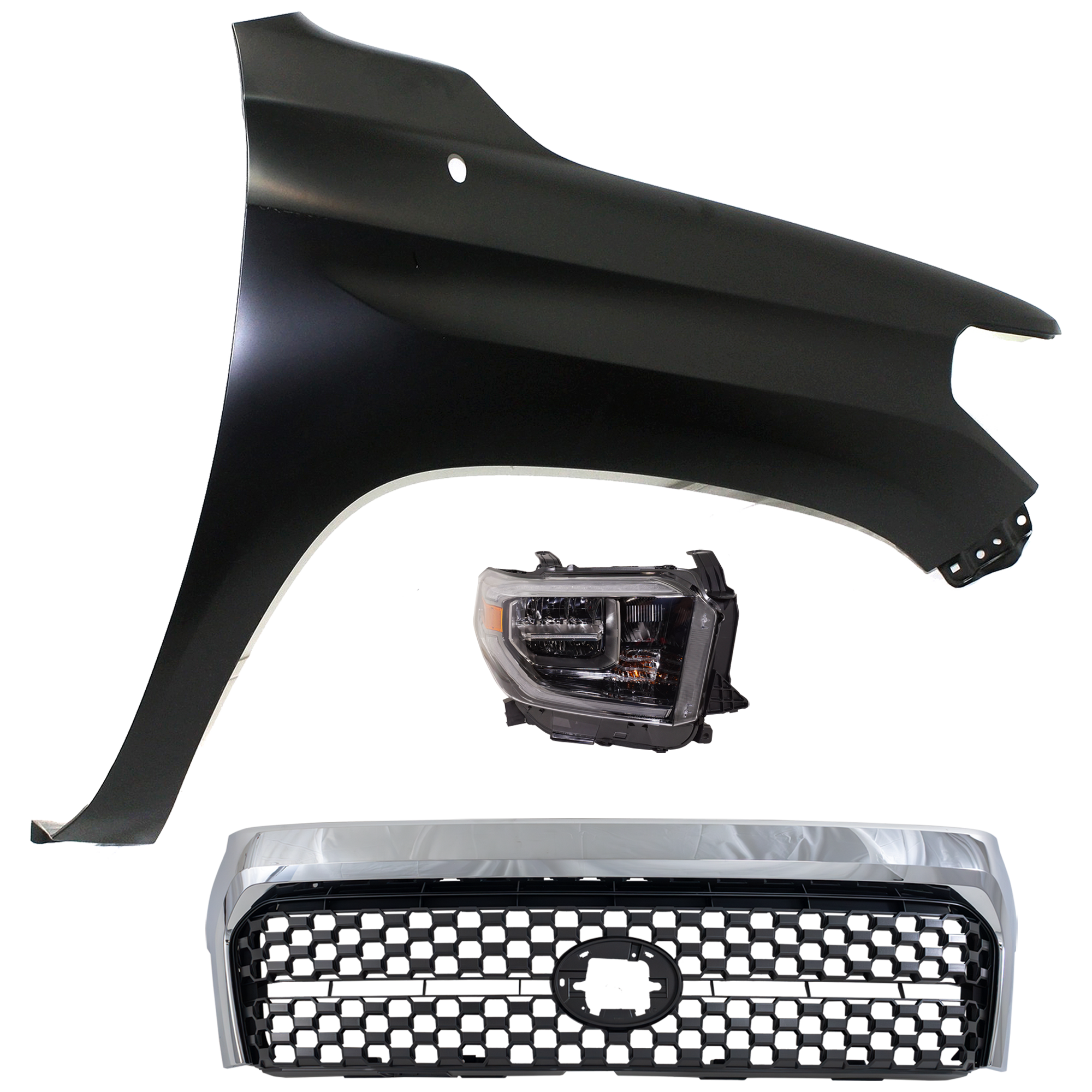 AM TUNDRA 18-18 HEAD LAMP RH Assembly LED 3 pc Kit with Fender and Grille Assembly SKU KIT 031323-44601 Partslink TO2503263 TO1241249 TO1200453 OEM 811100C210-538110C060-531010C0