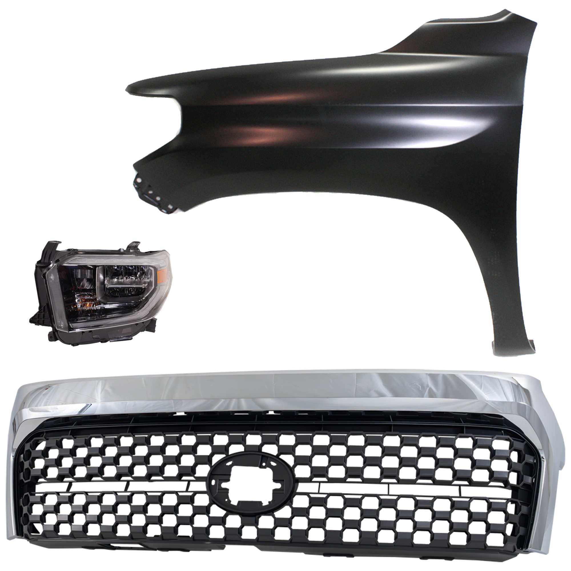 AM TUNDRA 18-18 HEAD LAMP LH Assembly LED 3 pc Kit with Fender and Grille Assembly SKU KIT 031323-44602 Partslink TO2502263 TO1240249 TO1200453 OEM 811500C210-538120C050-531010C0