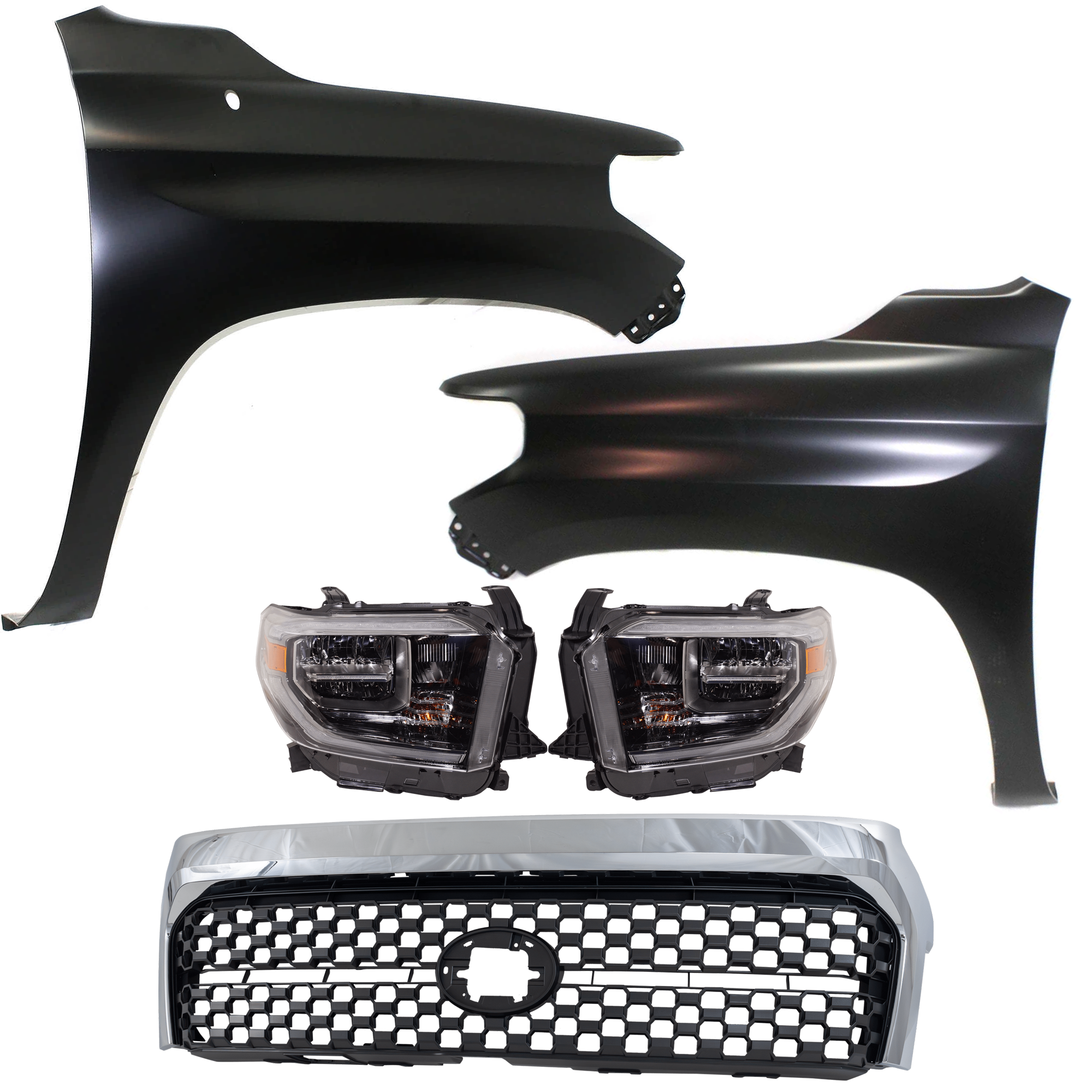 AM TUNDRA 18-18 HEAD LAMP RH AND LH Assembly LED 5 pc Kit with Fenders and Grille Assembly SKU KIT 031323-446 Partslink TO2503263 TO2502263 TO1241249 TO1240249 TO1200453 OEM 811100C210-811500C210-538110C0