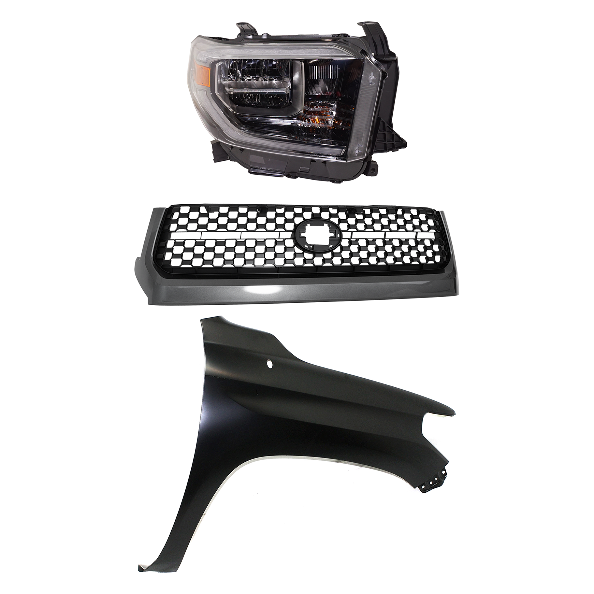 AM TUNDRA 18-18 GRILLE 3 pc Kit with Fender and Headlight SKU KIT 031323-44801 Partslink TO1200451 TO1241249 TO2503263 OEM 531010C010-538110C060-811100C2