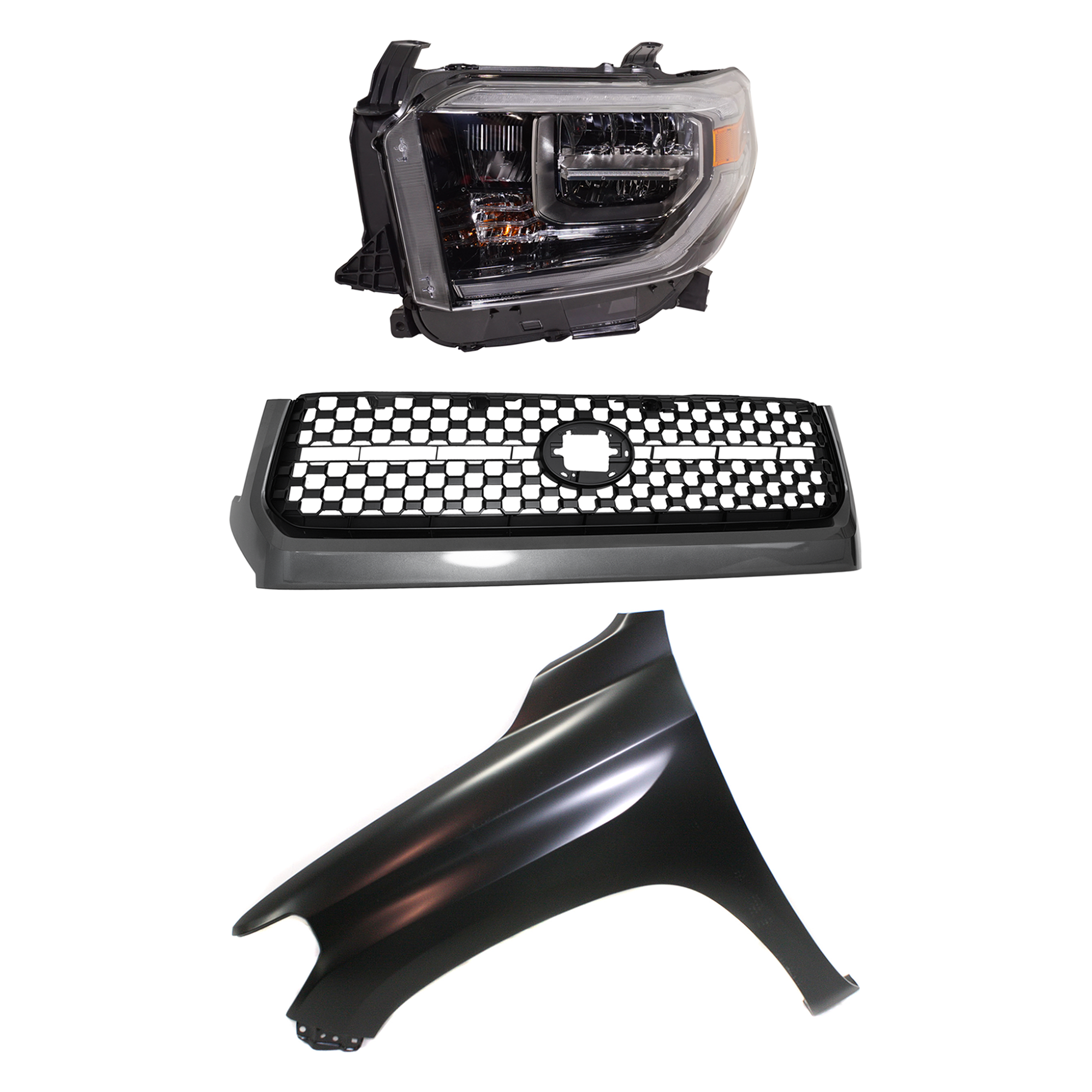 AM TUNDRA 18-18 GRILLE 3 pc Kit Plastic with Fender and Headlight SKU KIT 031323-44802 Partslink TO1200451 TO1240249 TO2502263 OEM 531010C010-538120C050-811500C2