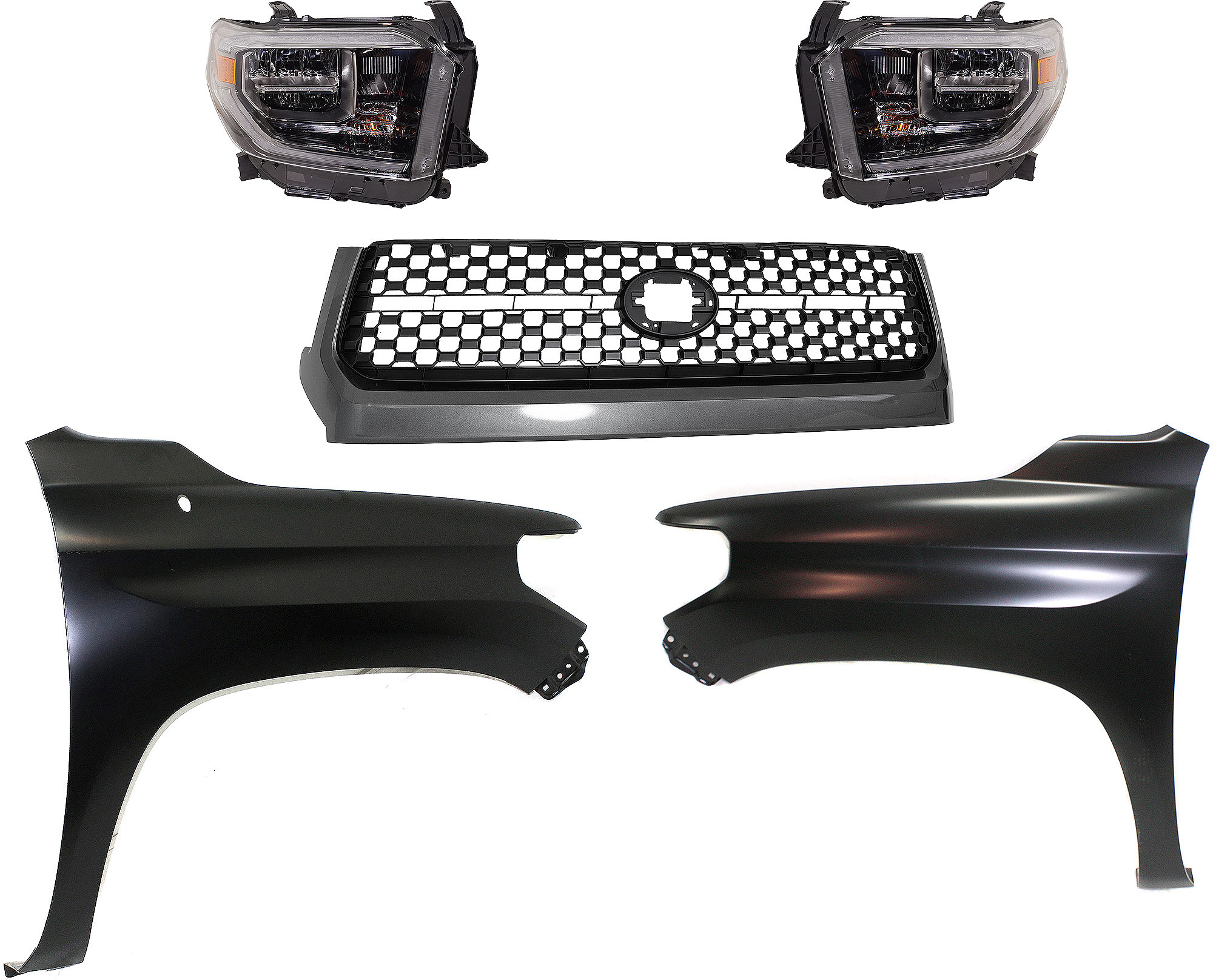 AM TUNDRA 18-18 GRILLE 5 pc Kit with Fenders and Headlights SKU KIT 031323-448 Partslink TO1200451 TO1241249 TO1240249 TO2502263 TO2503263 OEM 531010C010-538110C060-538120C0