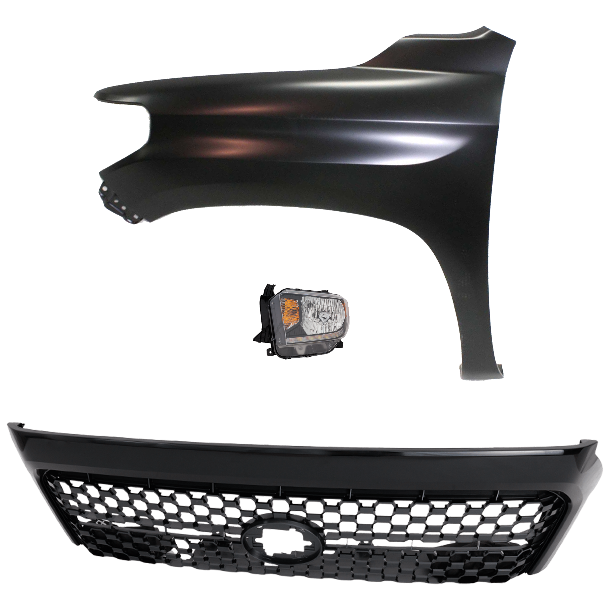 AM TUNDRA 18-19 GRILLE Painted Dark Gray Shell and Insert 3 pc Kit with Fender and Headlight SKU KIT 031323-45002 Partslink TO1200454 TO1240249 TO2502260 OEM 531010C041C0-531010C040C0-5381