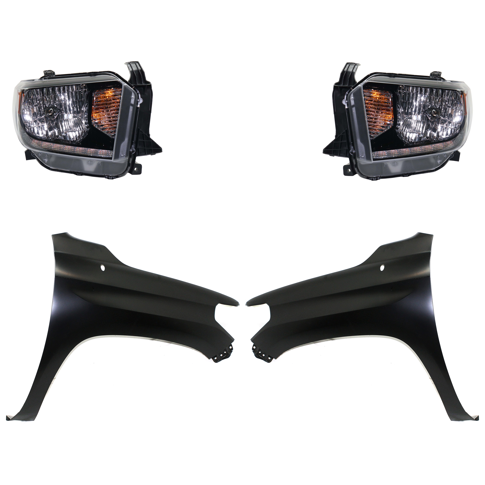 AM TUNDRA 18-19 HEAD LAMP RH AND LH Assembly Halogen 4 pc Kit with Fenders SKU KIT 031323-45003 Partslink TO2503260 TO2502260 TO1240249 TO1241249 OEM 811100C130-811500C130-538120C0