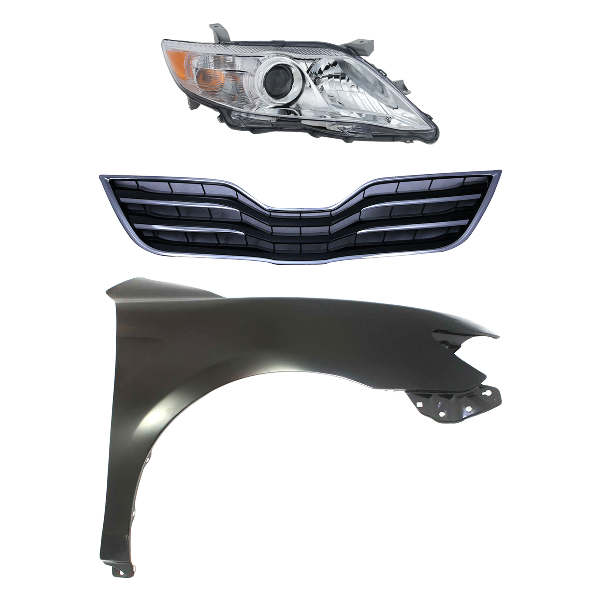 AM CAMRY 10-11 HEAD LAMP RH Assembly Halogen 3 pc Kit with Fender and Grille Assembly CAPA SKU KIT 031323-4501 Partslink TO1200325C TO1241211C TO2503191C OEM 5310106190C0-5380106110-811100