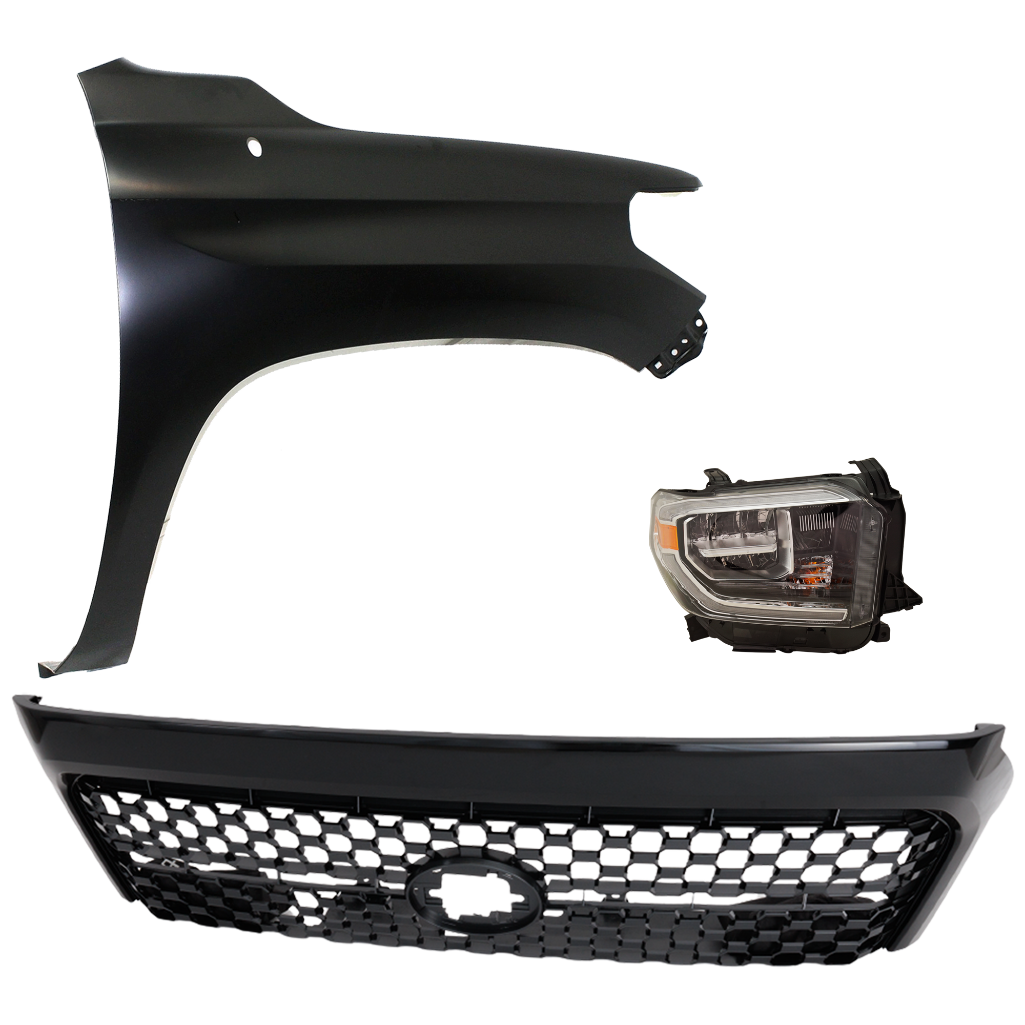 AM TUNDRA 18-19 HEAD LAMP RH Assembly LED 3 pc Kit with Fender and Grille Assembly SKU KIT 031323-45101 Partslink TO2503262 TO1241249 TO1200454 OEM 811100C140-538110C060-531010C0