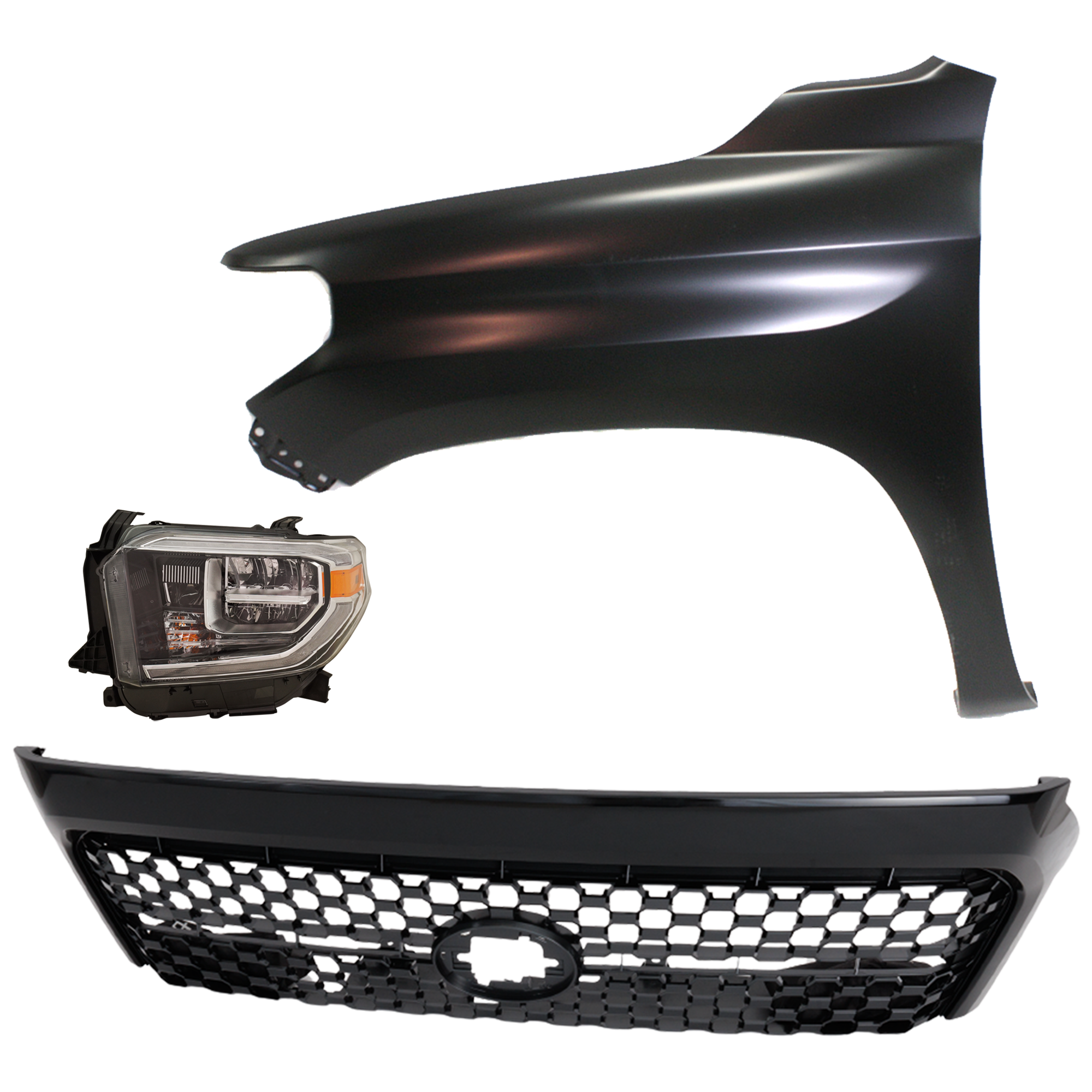 AM TUNDRA 18-21 HEAD LAMP LH Assembly LED 3 pc Kit with Fender and Grille Assembly SKU KIT 031323-45102 Partslink TO2502262 TO1240249 TO1200454 OEM 811500C140-538120C050-531010C0
