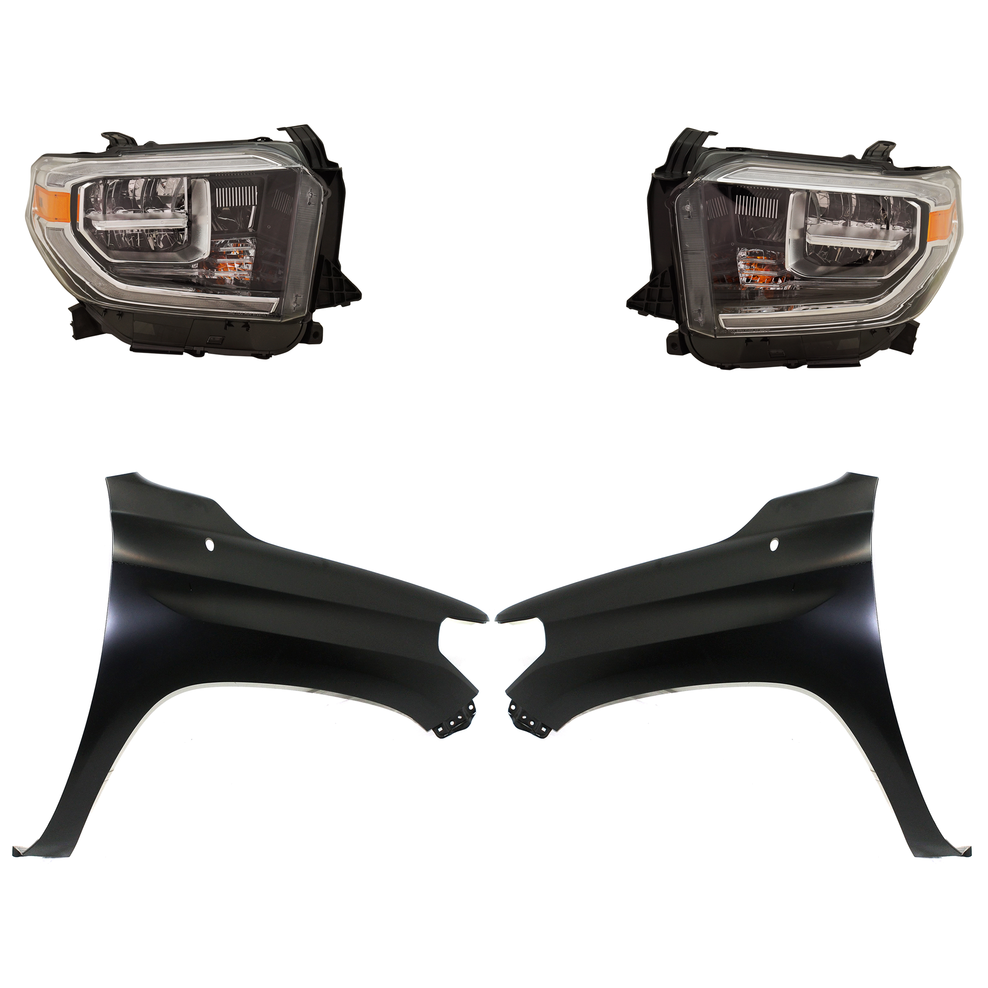AM TUNDRA 18-19 HEAD LAMP RH AND LH LED Assembly 4 pc Kit with Fenders SKU KIT 031323-45103 Partslink TO2502262 TO2503262 TO1240249 TO1241249 OEM 811100C140-811500C140-538120C0