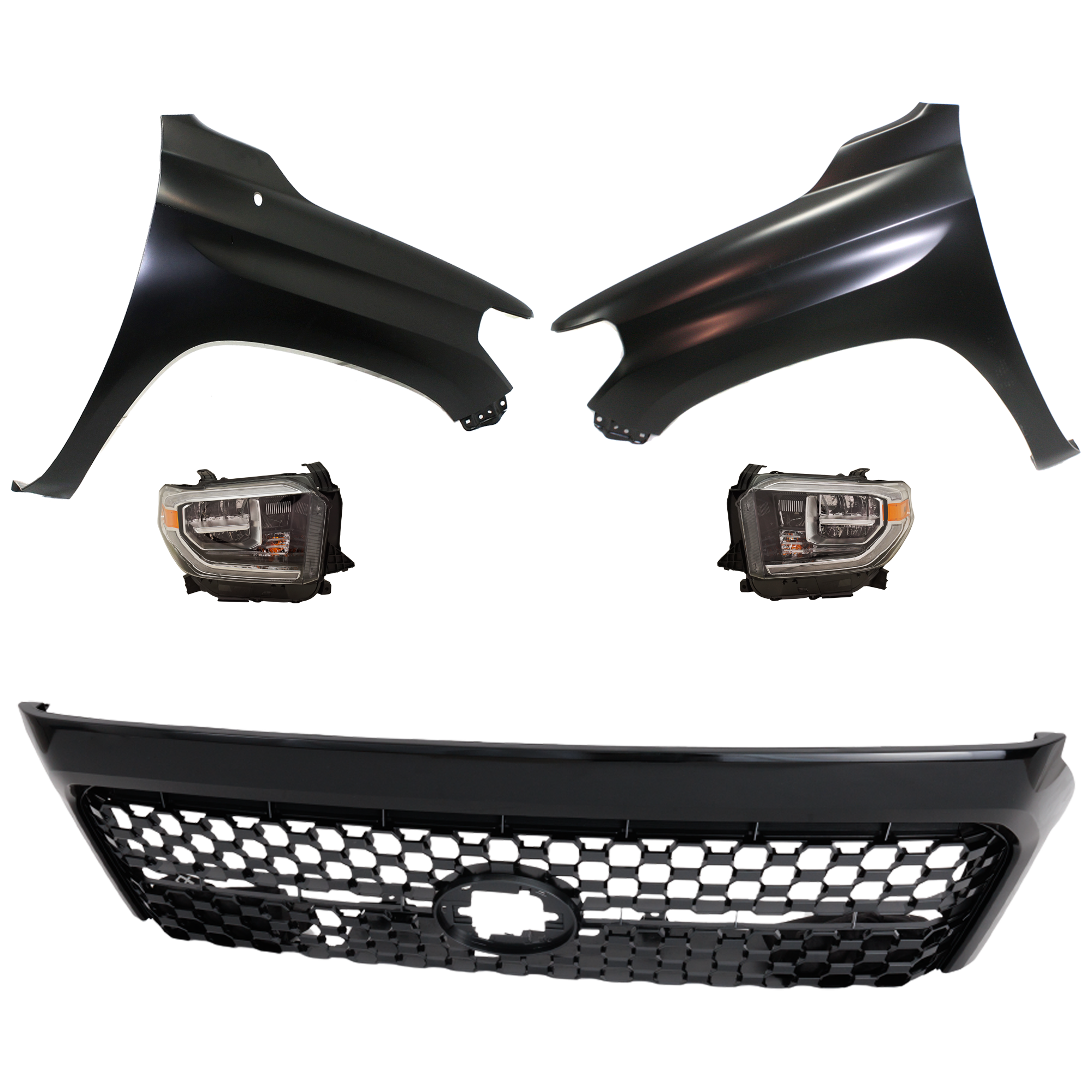 AM TUNDRA 18-19 HEAD LAMP RH AND LH Assembly LED 5 pc Kit with Fenders and Grille Assembly SKU KIT 031323-451 Partslink TO2502262 TO2503262 TO1241249 TO1240249 TO1200454 OEM 811100C140-811500C140-538110C0