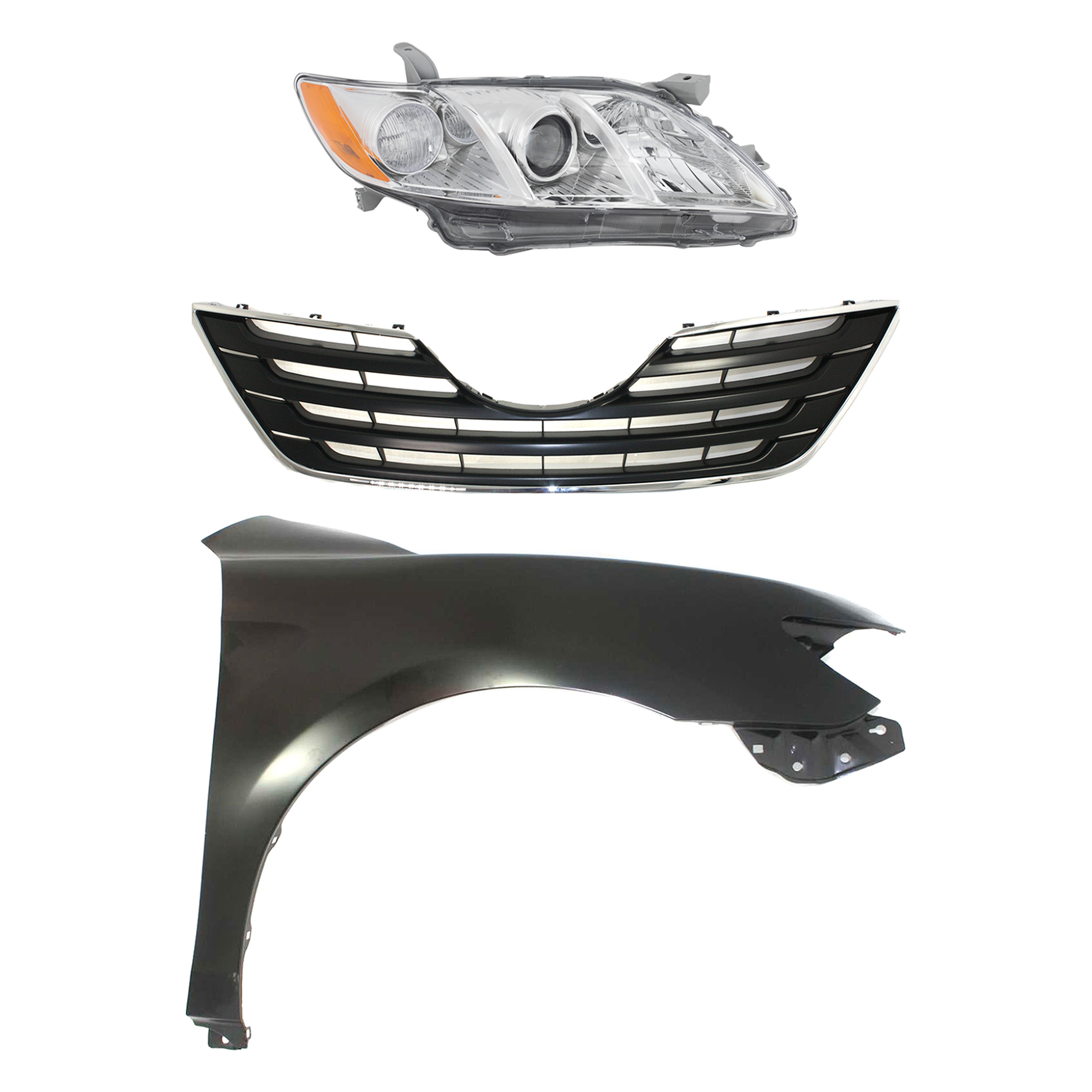 AM CAMRY 07-09 HEAD LAMP RH Lens and Housing Halogen 3 pc Kit with Fender and Grille Assembly SKU KIT 031323-45301 Partslink TO2519105 TO1241211 TO1200289 OEM 8113006201-5380106110-53101060