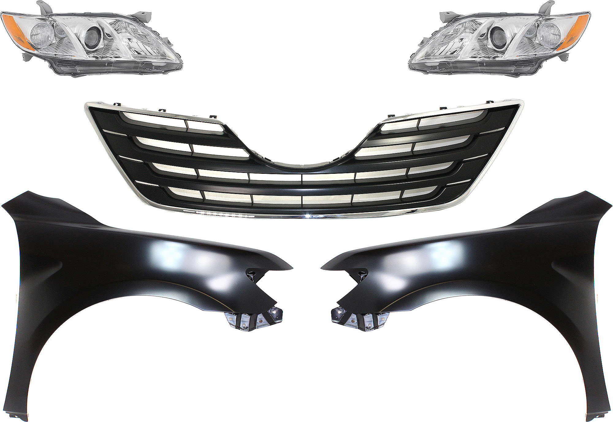AM CAMRY 07-09 HEAD LAMP RH AND LH Lens and Housing Halogen 5 pc Kit with Fenders and Grille Assembly SKU KIT 031323-453 Partslink TO2518105 TO2519105 TO1240211 TO1241211 TO1200289 OEM 8113006201-8117006201-53802061