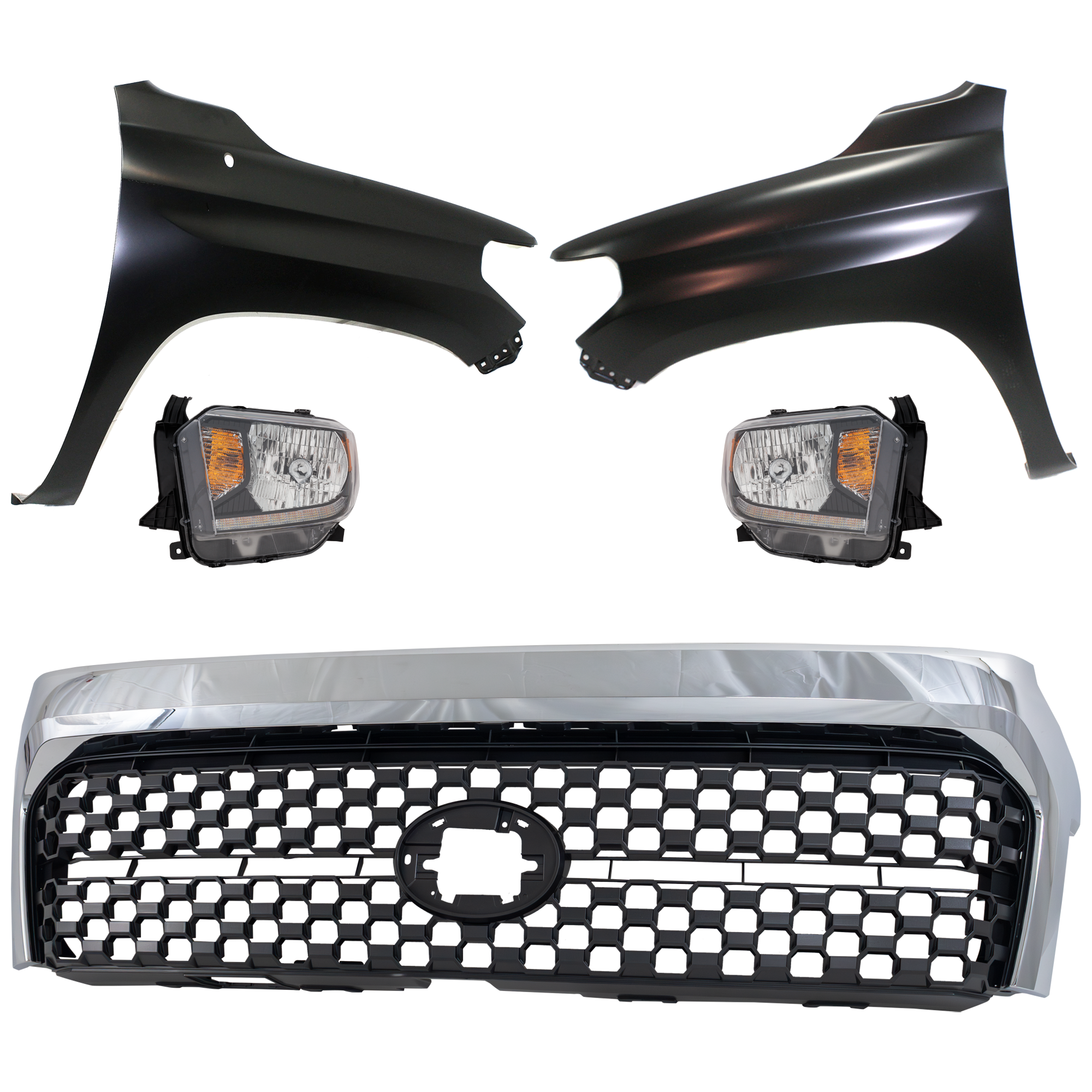 AM TUNDRA 18-19 HEAD LAMP RH AND LH Assembly Halogen 5 pc Kit with Fenders and Grille Assembly SKU KIT 031323-455 Partslink TO2503260 TO2502260 TO1241249 TO1240249 TO1200453 OEM 811100C130-811500C130-538110C0