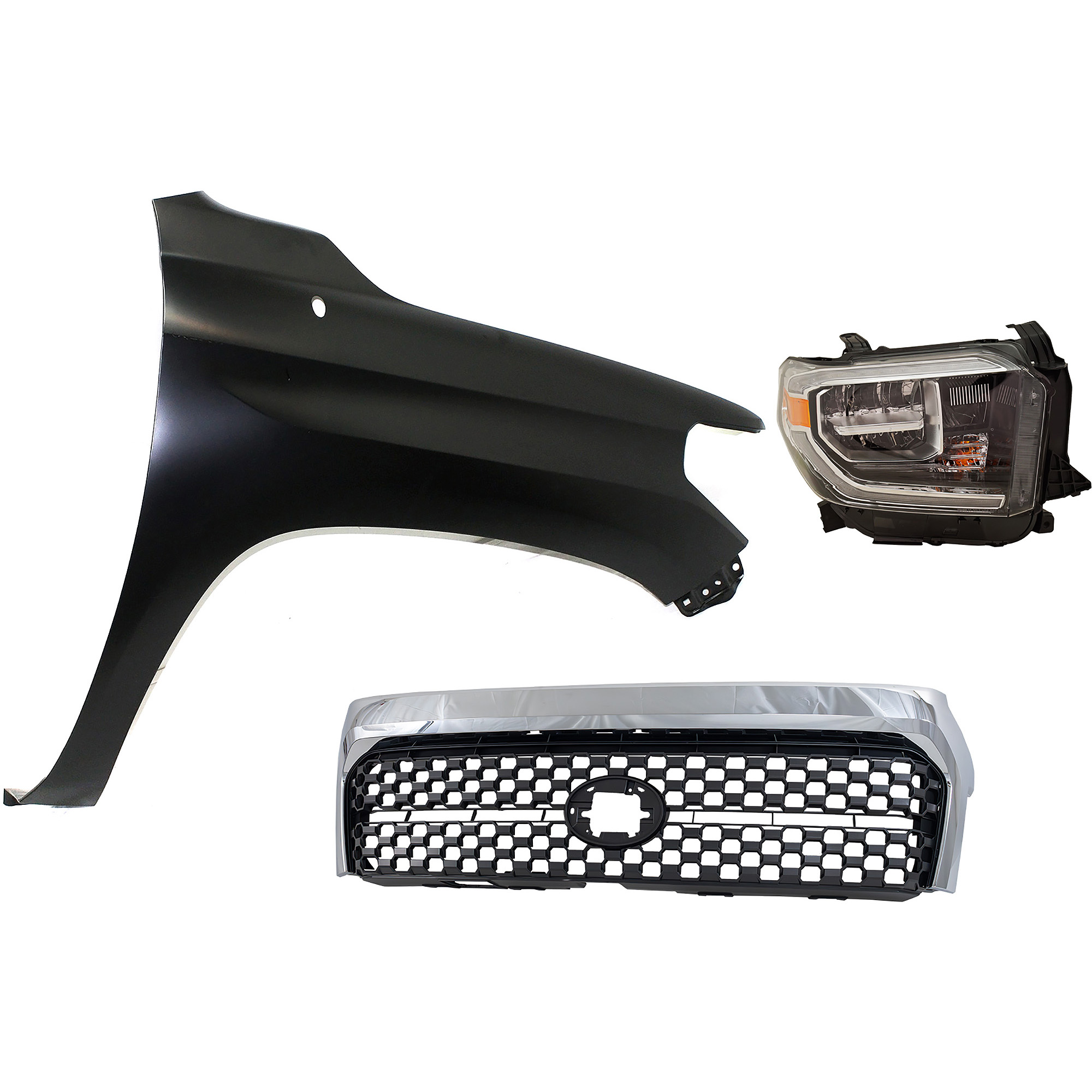 AM TUNDRA 18-19 HEAD LAMP RH Assembly LED 3 pc Kit with Fender and Grille Assembly SKU KIT 031323-45601 Partslink TO2503262 TO1241249 TO1200453 OEM 811100C140-538110C060-531010C0