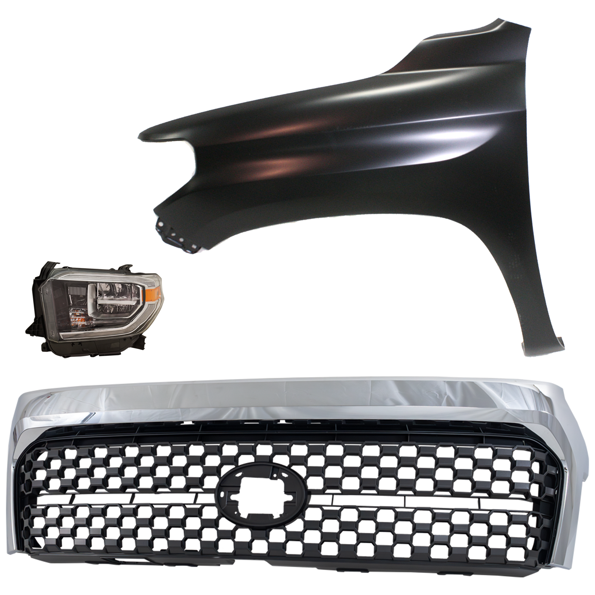 AM TUNDRA 18-21 HEAD LAMP LH Assembly LED 3 pc Kit with Fender and Grille Assembly SKU KIT 031323-45602 Partslink TO2502262 TO1240249 TO1200453 OEM 811500C140-538120C050-531010C0