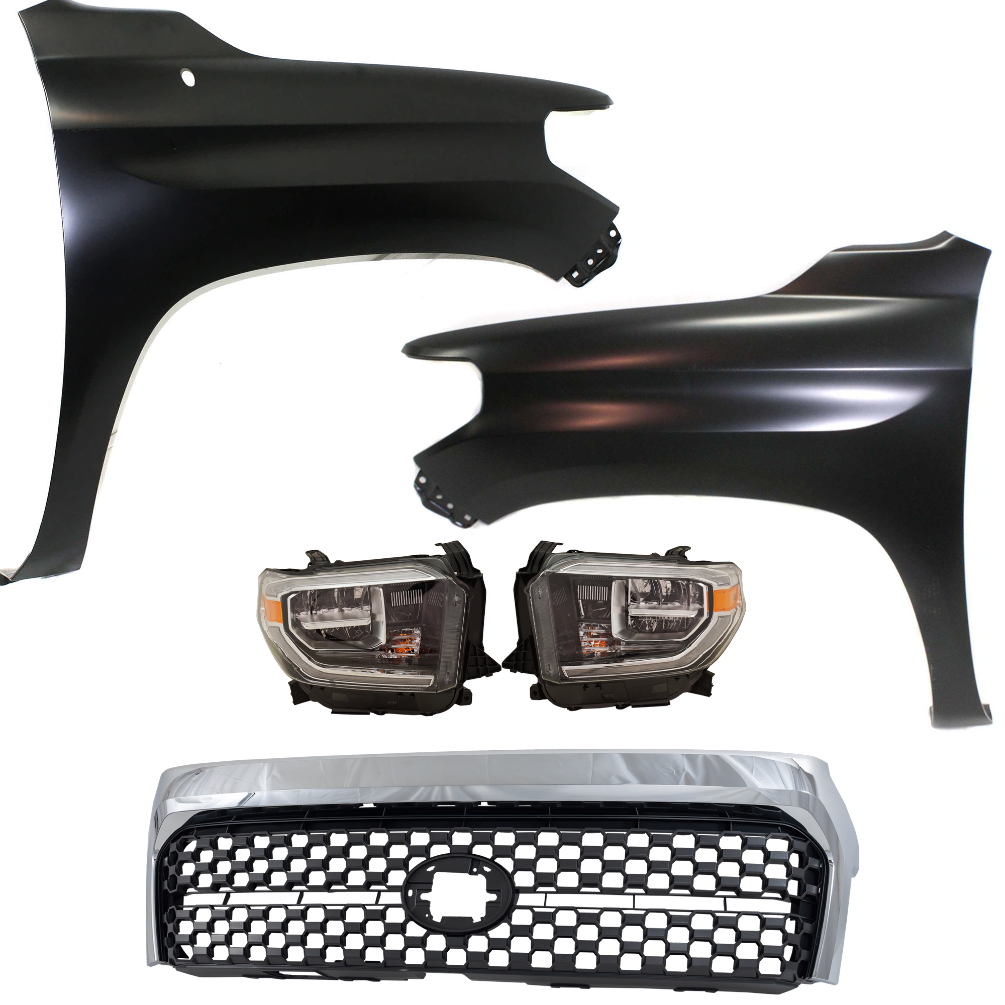 AM TUNDRA 18-19 HEAD LAMP RH AND LH Assembly LED 5 pc Kit with Fenders and Grille Assembly SKU KIT 031323-456 Partslink TO2502262 TO2503262 TO1241249 TO1240249 TO1200453 OEM 811100C140-811500C140-538110C0